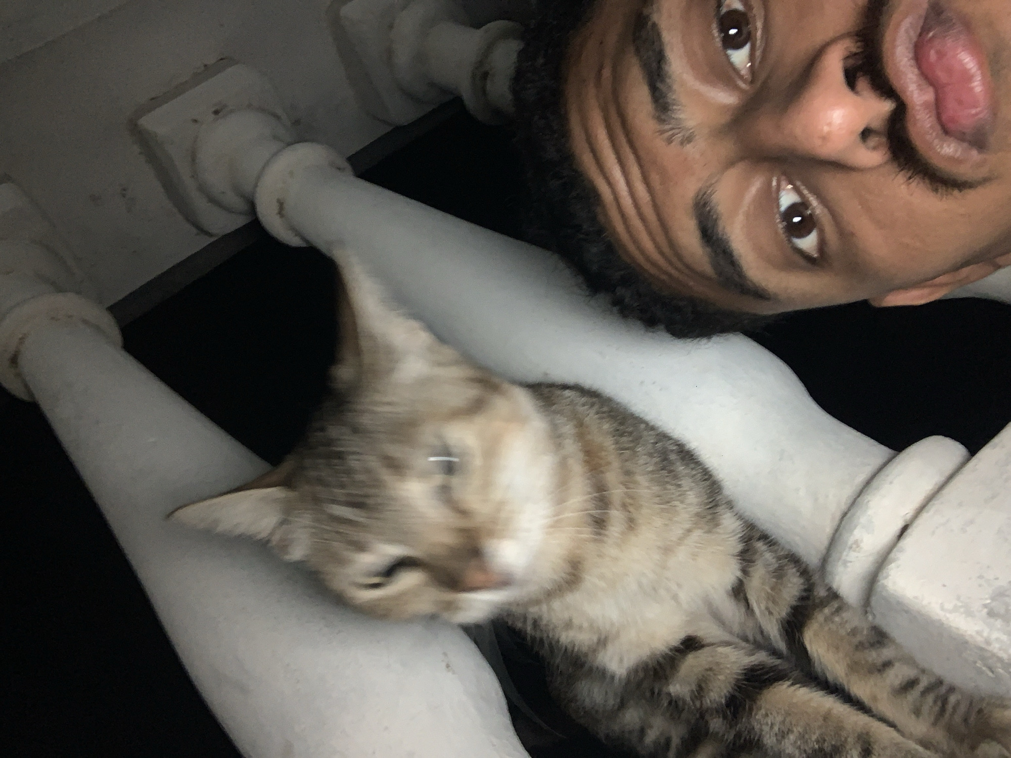 The image is a low-angle, close-up selfie taken at night, likely outdoors. In the foreground, a young Black man is looking towards the camera with his lips puckered. Behind and to the left of the man, a tabby cat is perched on a white, ornate structure, possibly part of a building's facade or a decorative element. The cat's face is blurred due to motion. The white structure appears to be made of concrete or plaster and has cylindrical and square elements. The background is dark, indicating it is nighttime. The presence of ornate architectural elements and the overall aesthetic do not strongly suggest a specific location within Santa Ana, Venezuela, as such features can be found in various urban environments.