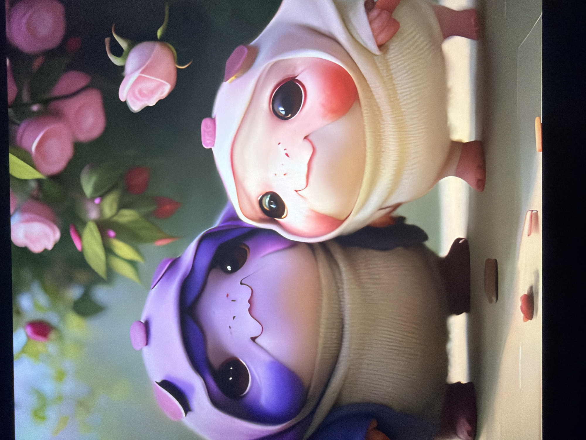 This is a close-up, eye-level, digitally rendered image of two small, adorable, creature-like characters with large, dark eyes and small smiles. The character on the left is wearing a purple hooded outfit with lighter purple ear-like appendages and a tan sweater. The character on the right is wearing a white hooded outfit with lighter pink ear-like appendages and a tan sweater. Both characters have small, pink feet and are standing on a flat, light-colored surface. In the background, out of focus, are pink flowers and green leaves. The image does not depict any recognizable landmarks or features of Kyiv, Ukraine.