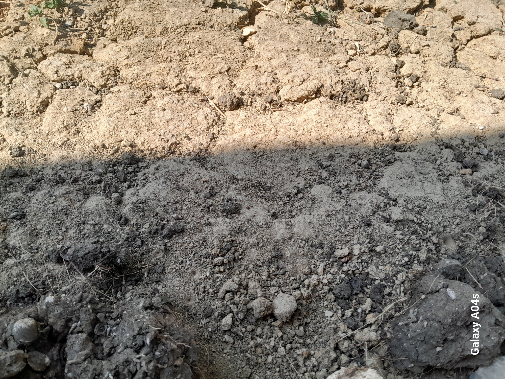 The image shows a close-up view of dry, cracked earth with a distinct shadow line running diagonally across it, dividing the scene into a darker, more granular soil on the left and a lighter, cloddy soil on the right. The soil appears to be a mix of clay and sand, with some small pebbles and dried plant debris scattered throughout. There are no people or animals visible in the frame. The overall impression is of a parched, sun-baked landscape, characteristic of arid or drought-affected regions. The location of Pilangpayung, Indonesia, suggests a tropical or subtropical climate where such dry conditions can occur, particularly during dry seasons.