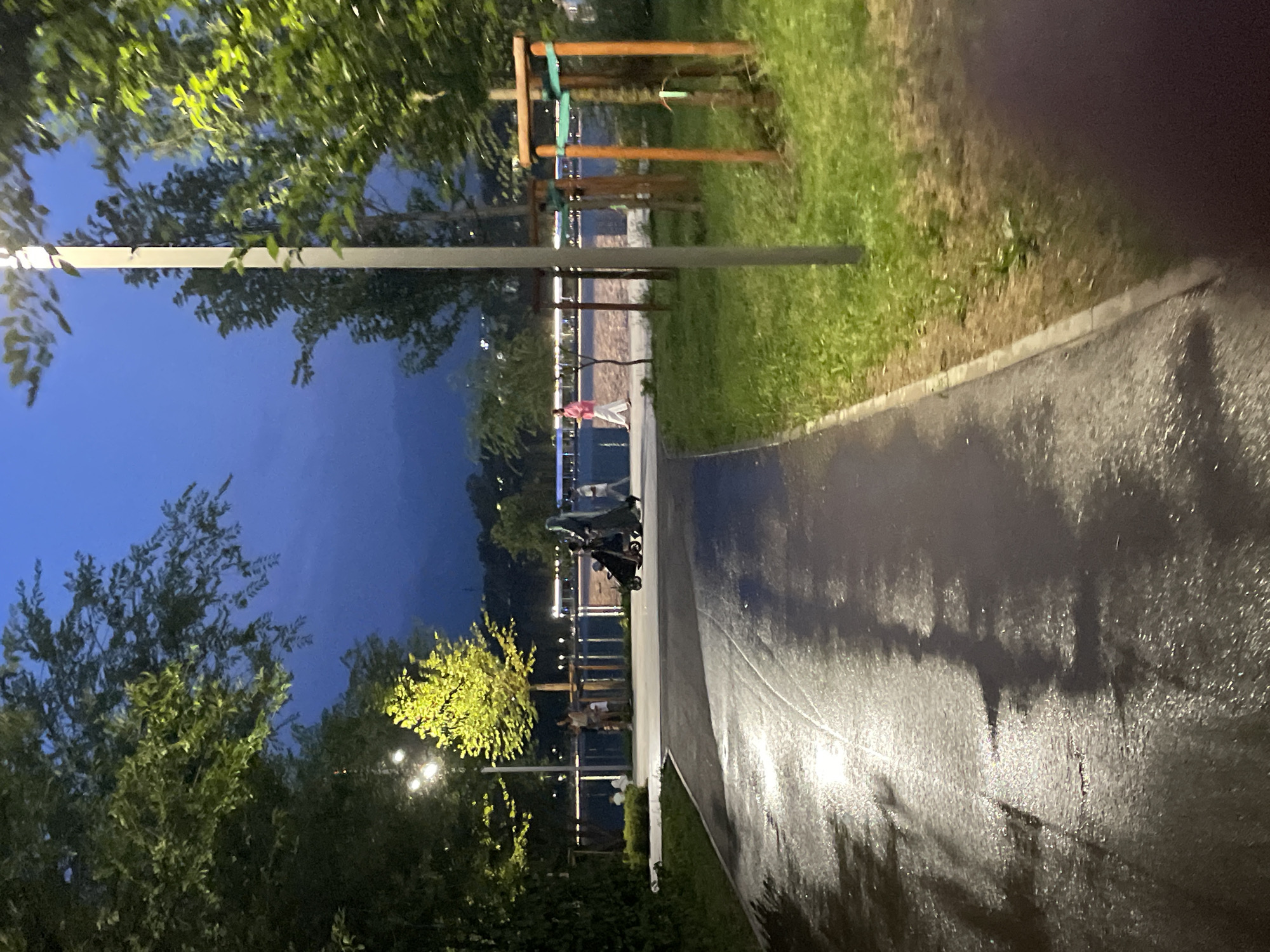 The image depicts an evening scene at a park by a body of water, likely a lake or river, with a path in the foreground. The sky is a deep blue, transitioning into dusk. In the mid-ground, several individuals are visible. Two people are walking near the water's edge, one wearing a pink shirt. Further left, a person is pushing a stroller. Across the water, a lit embankment suggests a city or a developed area. The park features trees and green grass, with a lamppost on the right side. The path in the foreground is wet and reflective, indicating recent rain or watering. There are also some saplings with protective structures. The overall impression is a serene, yet populated, urban park setting.