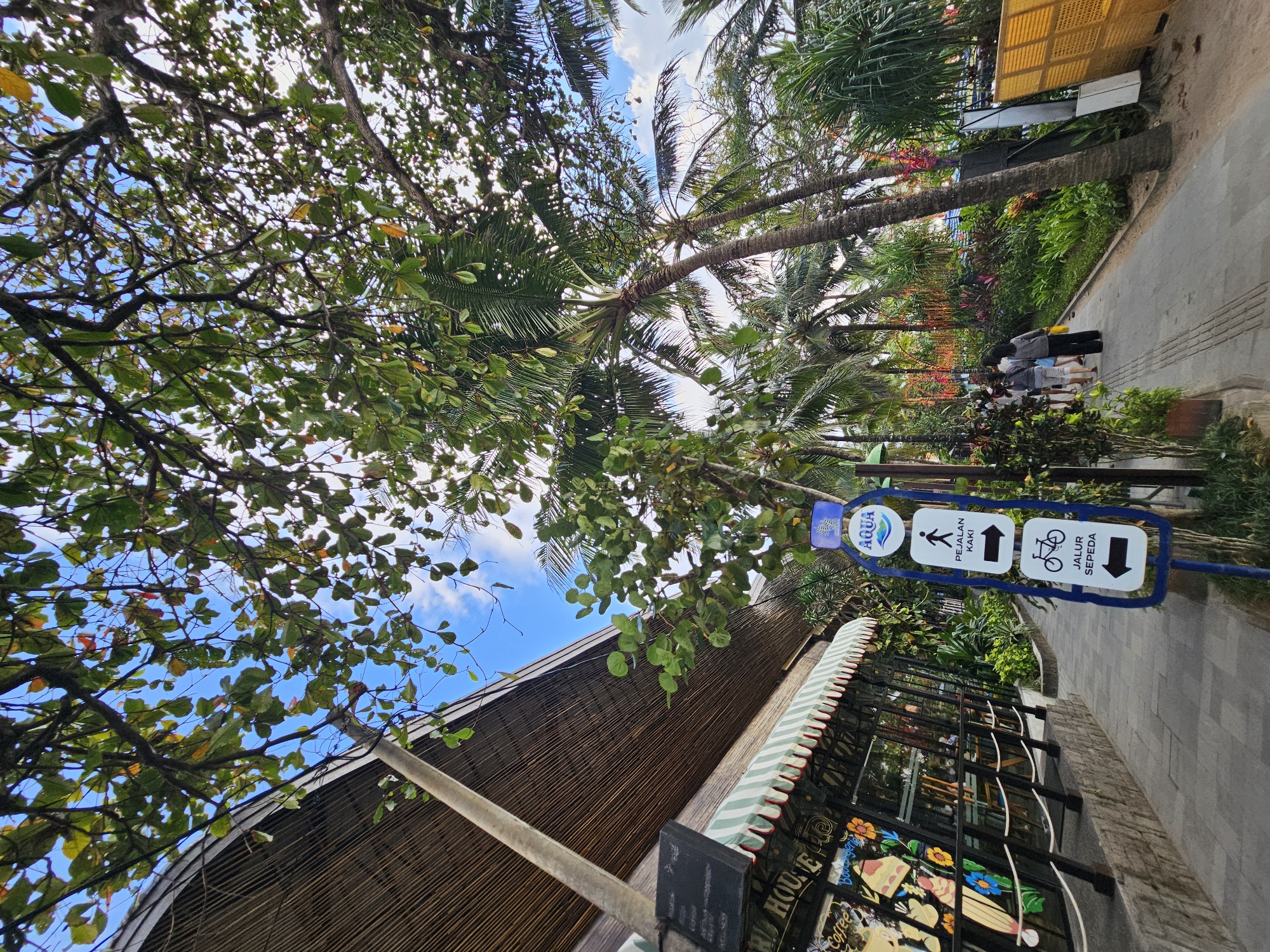 The image depicts a street scene in Denpasar, Indonesia, likely a commercial area with tropical vegetation. A paved walkway runs alongside a building with a wooden slatted facade and an awning displaying the text "HOUSE". The building appears to be a cafe or restaurant, with tables and chairs visible through the windows. To the right of the walkway, there is a blue signpost with white pictograms and text in Indonesian, indicating directions for pedestrians ("PEJALAN KAKI") and cyclists ("JALUR SEPEDA"). Lush greenery, including palm trees and flowering plants, lines the walkway and the building. A few people are walking along the path, suggesting a public area. The sky above is blue with scattered clouds, and sunlight filters through the trees, creating dappled shadows.