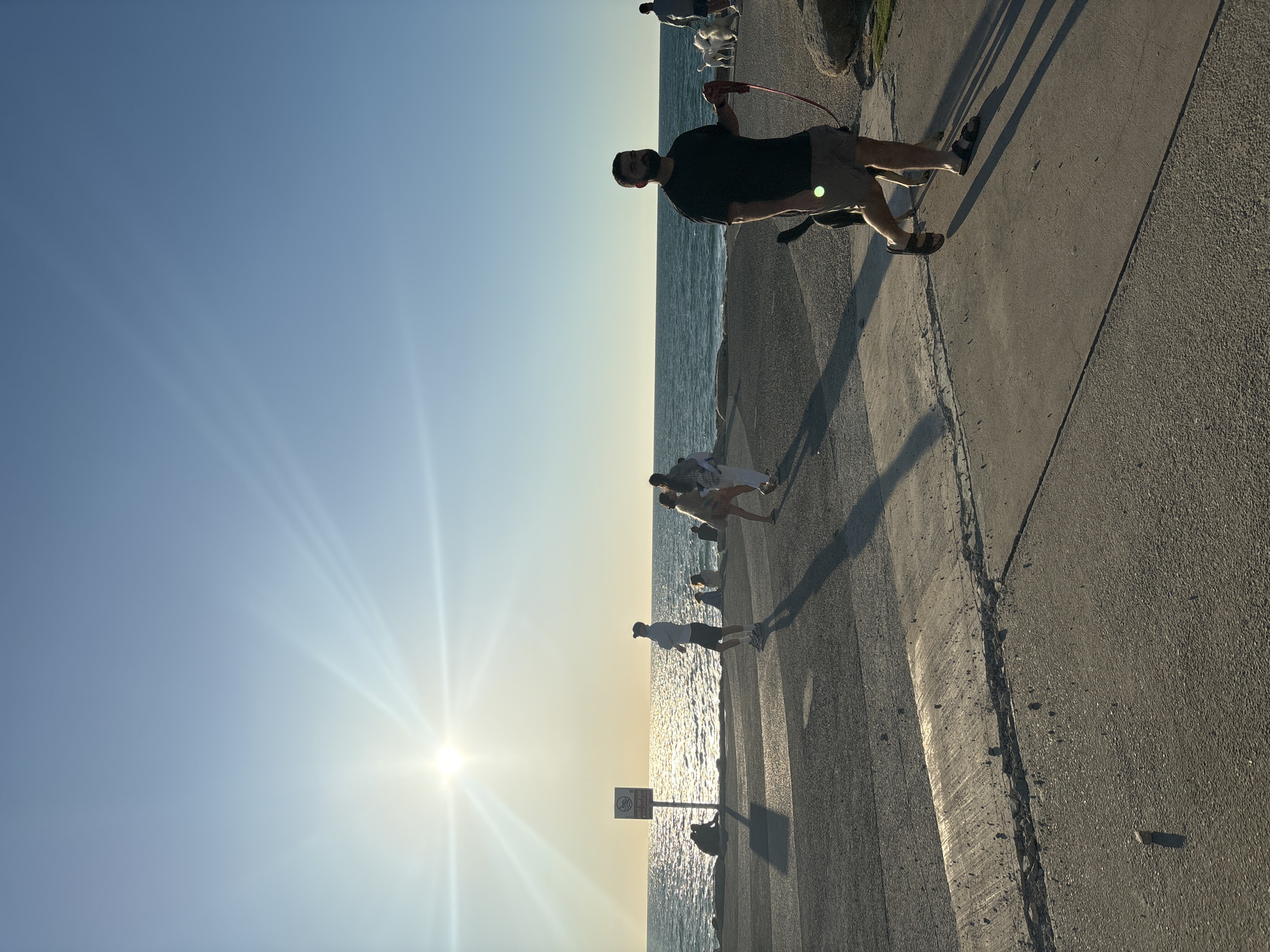 The image, which appears rotated 90 degrees clockwise, depicts a vibrant outdoor scene along a sun-drenched coastal promenade, likely in Tel-Aviv, Israel. When viewed with the horizon correctly oriented, the scene shows a paved concrete walkway running parallel to the sea under a clear blue sky.
The sun, positioned low on the horizon to the left, creates a strong sunburst effect and casts long shadows from the people onto the path, indicating either early morning or late afternoon (golden hour). A faint green lens flare is visible near the main subject.
In the mid-ground, a man with a beard, wearing a dark t-shirt, shorts, and sandals, walks along the path with a red leash in hand. Further along the promenade, several other individuals are walking or standing, enjoying the pleasant weather by the water's edge. The shoreline is defined by large rocks or boulders that separate the walkway from the sea.
Near the water, a white sign featuring a universal prohibition symbol (a circle with a diagonal line through it) is visible. Below the symbol, text in Hebrew is present, likely indicating a warning or regulation, such as "No Swimming" or "Danger." The sea reflects the bright sunlight, creating shimmering patterns on its surface. The sky transitions from a deep blue overhead to a lighter, golden hue closer to the sun. The overall atmosphere is bright and inviting, suggesting a leisurely time outdoors.