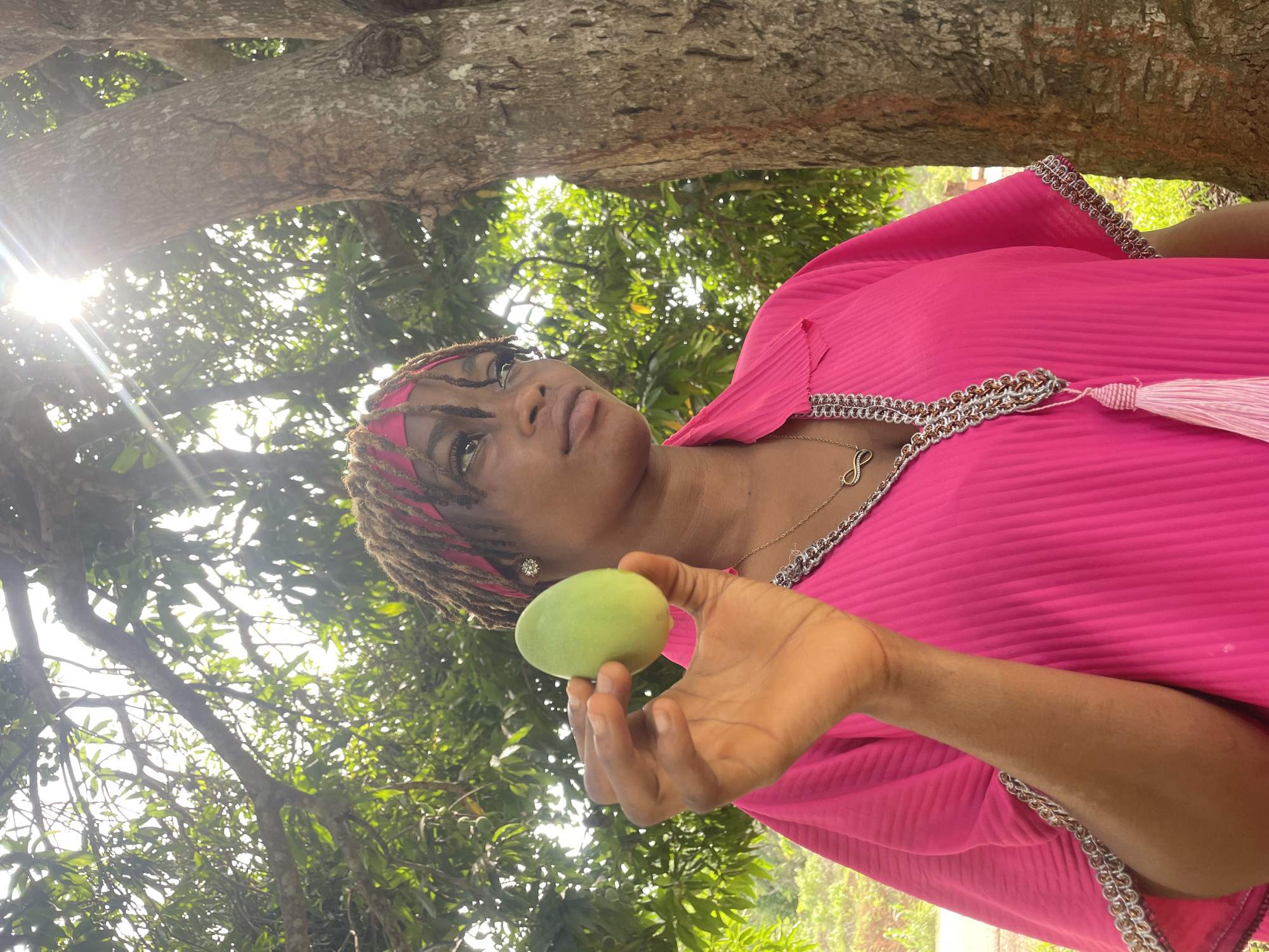 In a vertically oriented outdoor shot taken in Ogbe, Nigeria, a young woman is depicted under the dense canopy of a large tree. She has dreadlocks pulled back by a pink headband and wears a bright pink garment, possibly a dress or top, adorned with silver and gold chain-like trim and a pink tassel detail. In her right hand, she gently holds a small, unripe green mango.
The woman gazes upwards with a serene or contemplative expression. Bright sunlight streams through the abundant green leaves and thick, gnarled branches of the tree, creating prominent sun rays and dappled light, indicating it is daytime. The lush foliage and the presence of the mango suggest a tropical environment. She also wears a necklace with an 'S' initial pendant and a small stud earring. The image captures a tranquil moment amidst nature, highlighting the local fruit.