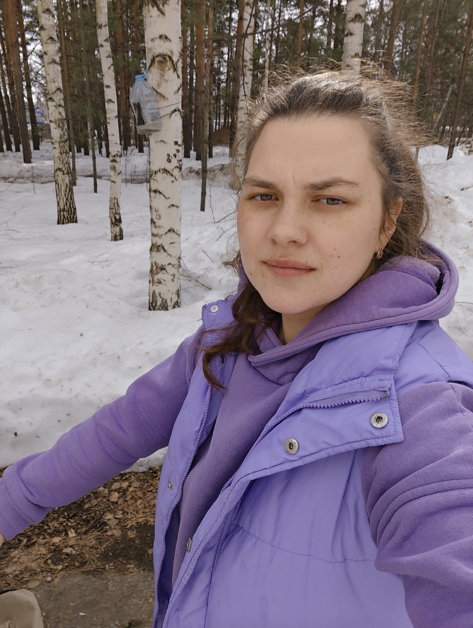 A female individual is depicted in a close-up selfie in a partially snow-covered wooded area near Chaikovsky, Russia, during late winter or early spring. The subject, with light skin, brown eyes, and light brown, wind-blown hair, wears a light purple puffer vest over a lighter purple hooded sweatshirt. Freckles are visible on her face, and she has small gold-colored earrings. The background features several birch trees with prominent white bark and dark markings, interspersed with taller, slender coniferous trees. The ground is covered in irregular patches of white snow and exposed brown earth mixed with dead leaves. A homemade bird feeder, constructed from a clear plastic bottle and a wooden platform, is visibly attached to the trunk of a birch tree in the mid-ground with dark ties.