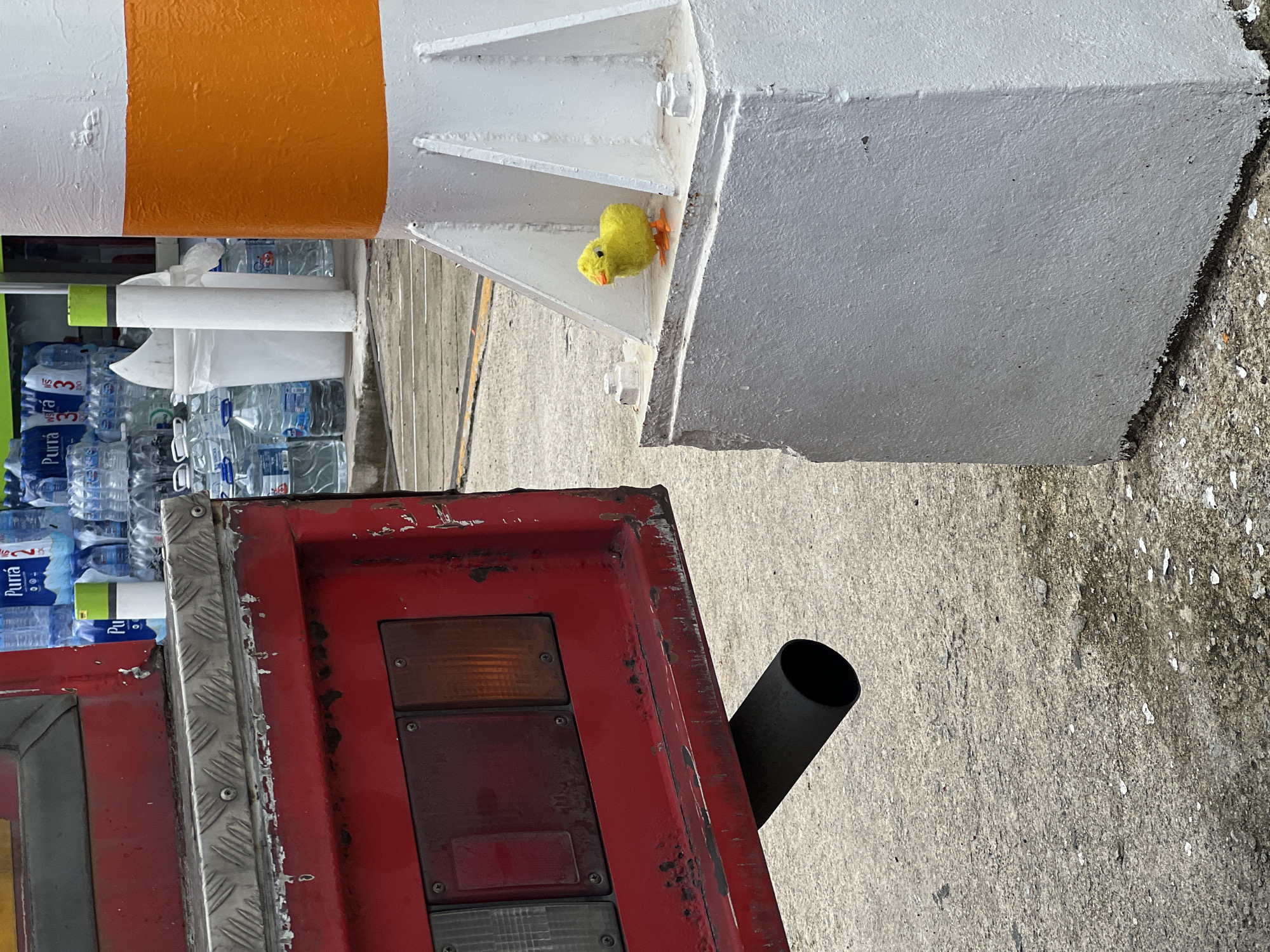 A bright yellow, fuzzy chick figurine is positioned on the lower ledge of a white, painted concrete structure, which has an orange band around its upper portion. The chick is facing left, with its orange beak and legs visible. Behind the chick and the structure, stacks of bottled water are visible. To the left of the concrete structure, the rear of a red truck is partially in frame. The truck features a metallic gray bumper, red bodywork, and a visible exhaust pipe that extends downwards. The ground appears to be concrete or asphalt, with some visible debris. The scene is outdoors, under what appears to be daylight.