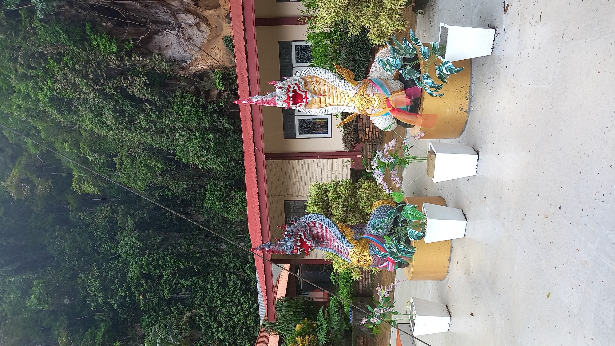 Two statues of mythical serpentine creatures, likely Naga, stand guard outside a building with a red roof in Ban Pak Ra, Thailand. The statues are brightly colored and adorned with ribbons. Each sits on a golden base with square, white planters containing flowers placed in front. Lush green foliage covers the nearby hillside. The scene is shot during daylight, on a concrete surface.