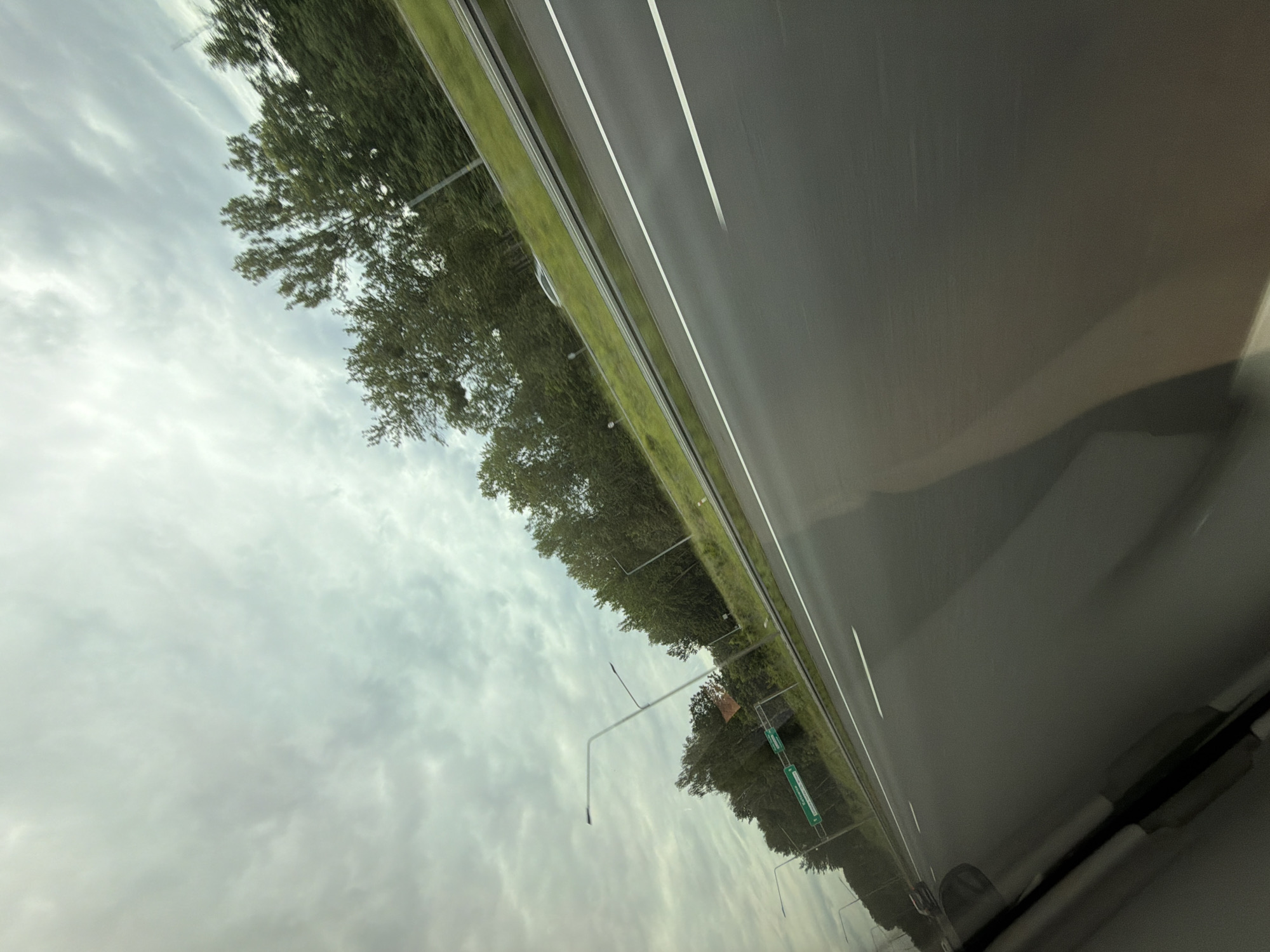 The image captures a view from a vehicle traveling on a highway in Ruda Śląska, Poland, on a cloudy day. The highway is paved and has white lane markings. On the right side of the highway, there is a grassy embankment lined with trees. There are also streetlights visible. A green road sign with white lettering is present on the left side, indicating a direction or destination. Another vehicle is visible in the distance on the left side of the highway. The sky is overcast with gray clouds. The perspective is angled, suggesting the photo was taken from a moving car.