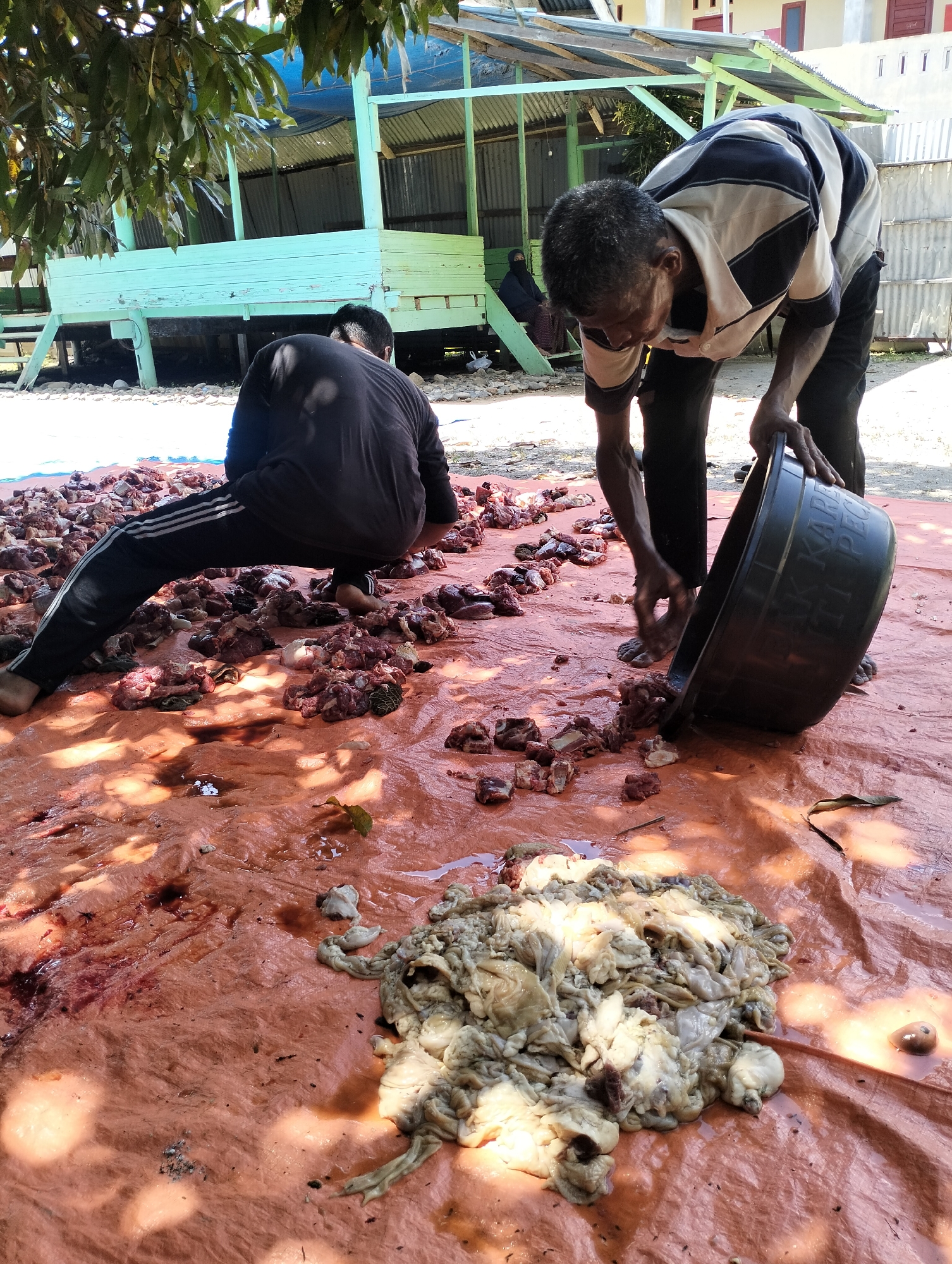 The image shows two men processing meat on an orange tarp outdoors in Uleegajah, Indonesia. One man is crouching, surrounded by chunks of raw meat, while the other is emptying a large black bucket onto the tarp, also filled with meat. A pile of offal lies in the foreground. The setting appears to be a yard, with a raised, light-green building with corrugated metal visible in the background and another person sitting.