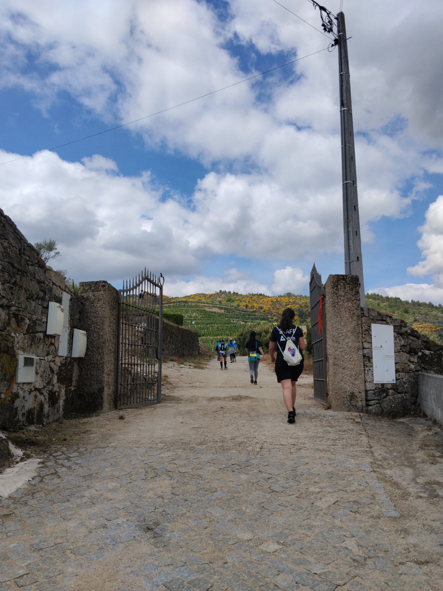 A group of people walks along a rural path under a bright, partly cloudy sky in Tarouca, Portugal. The image is taken from a low angle, looking forward as individuals walk away from the viewer. In the immediate foreground, a textured cobblestone path transitions into a dirt road beyond an open wrought-iron gate.
On the left, an old stone wall is adorned with several white, rectangular mailboxes or electrical boxes. The wall leads to a sturdy stone pillar, which is part of the gate structure. Another stone wall runs along the right side of the path, topped by a tall concrete utility pole with electrical lines, one of which is visible stretching across the blue sky. A white panel is also attached to the right stone wall.
A person wearing a black t-shirt and shorts, with a white drawstring bag slung over their shoulder, leads the group. The bag clearly displays the text "STAFF" and "AUZI". Several other individuals are walking further down the path, appearing to be on a hike or a communal walk.
The path extends into a landscape of rolling hills in the background, which are covered in green foliage and abundant bright yellow flowering bushes, possibly gorse or broom, indicative of the region. The overall scene suggests a pleasant daytime outdoor activity, with good weather conditions for walking.