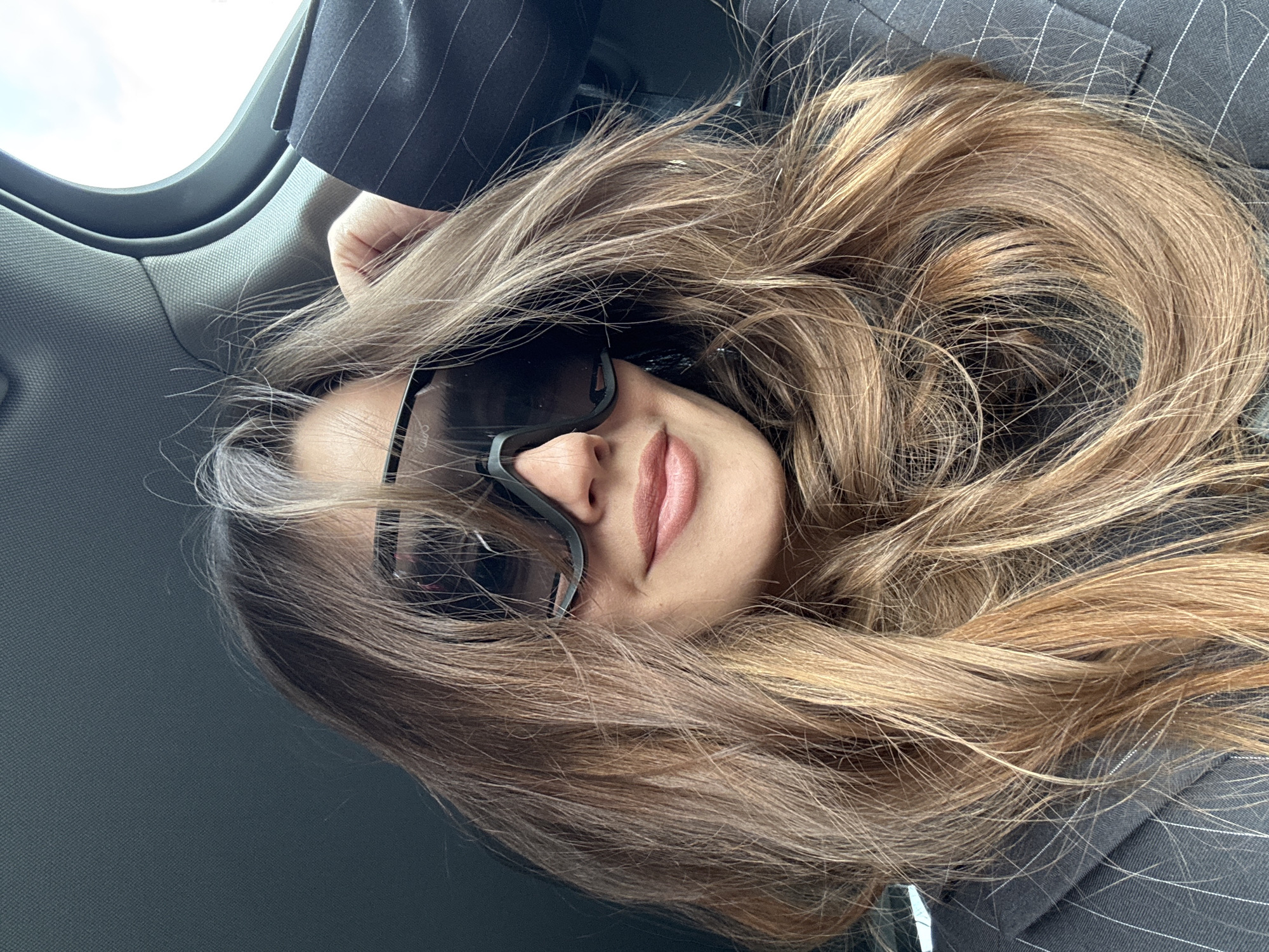 A woman with long, light brown hair, partially covering her face, is wearing sunglasses and a dark pinstripe blazer in what appears to be the interior of a car. The car's interior features include a gray upholstered panel and a view of the sky through the window. The location is not identifiable from the provided image.