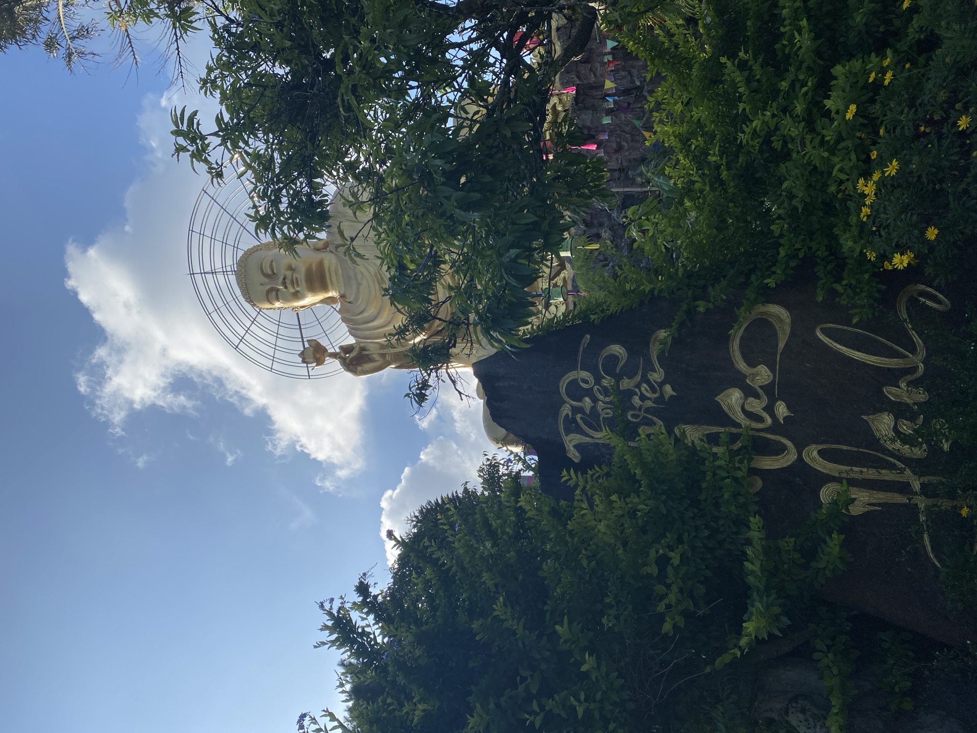In the city of Lâm Viên - Đà Lạt, Vietnam, a large, golden Buddha statue is the primary subject, positioned behind lush green foliage. The statue, which appears to be made of metal, is depicted in a seated position, holding a lotus flower in its right hand and has a halo-like structure behind its head. In the foreground, a dark rock face features golden calligraphy. The surrounding environment is characterized by dense greenery, including trees and bushes, some of which are flowering with small yellow blossoms. The sky above is a clear blue, with scattered white clouds. Decorative elements such as colorful small flags and lanterns are visible in the background.