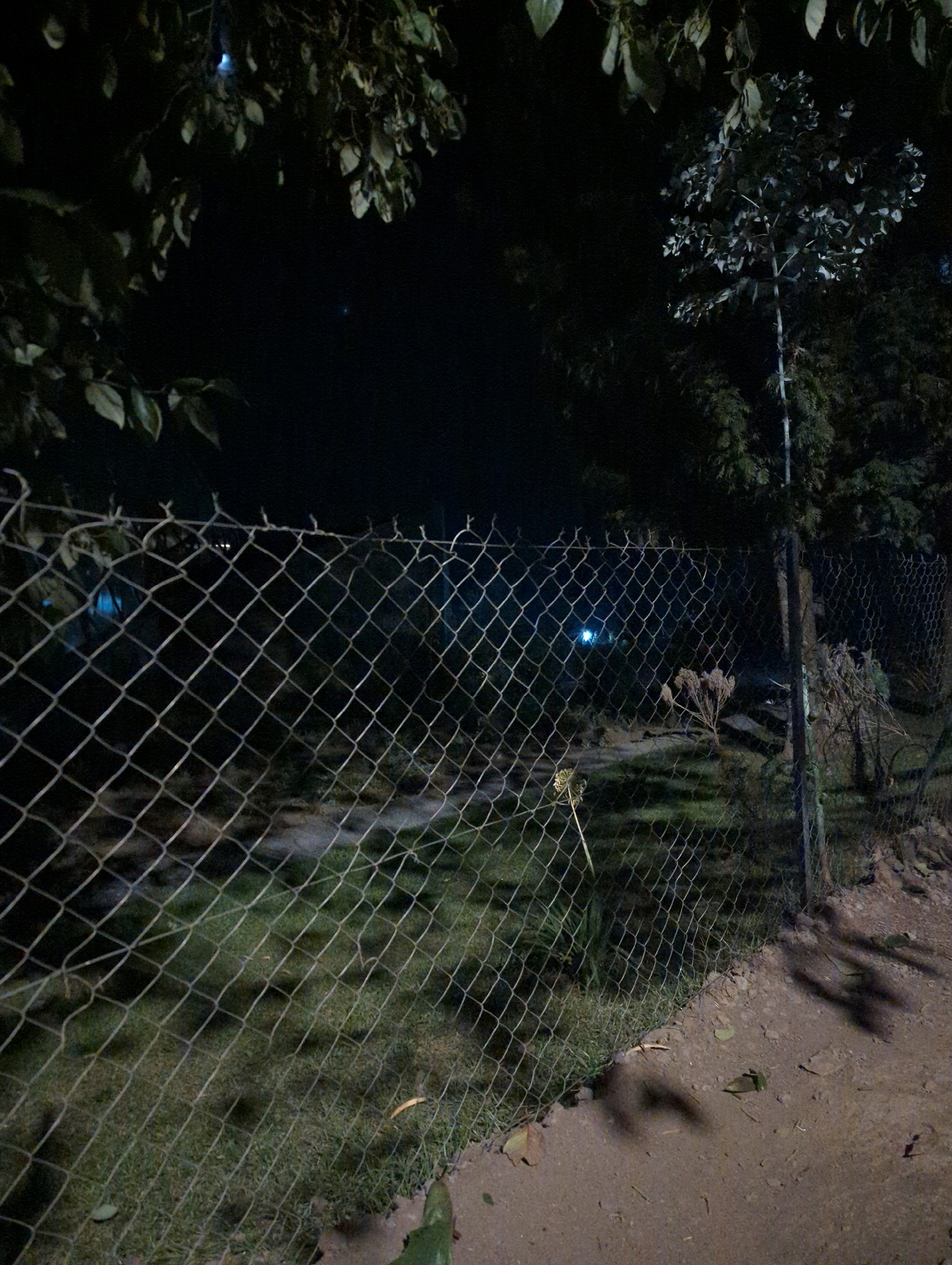 The image shows a night scene in Musanze District, Rwanda, featuring a chain-link fence in the foreground. Beyond the fence, a path winds through a grassy area. In the background, trees and foliage are visible, with some sparse lighting creating faint reflections and shadows. The overall atmosphere is dark and somewhat mysterious, typical of an outdoor environment at night.