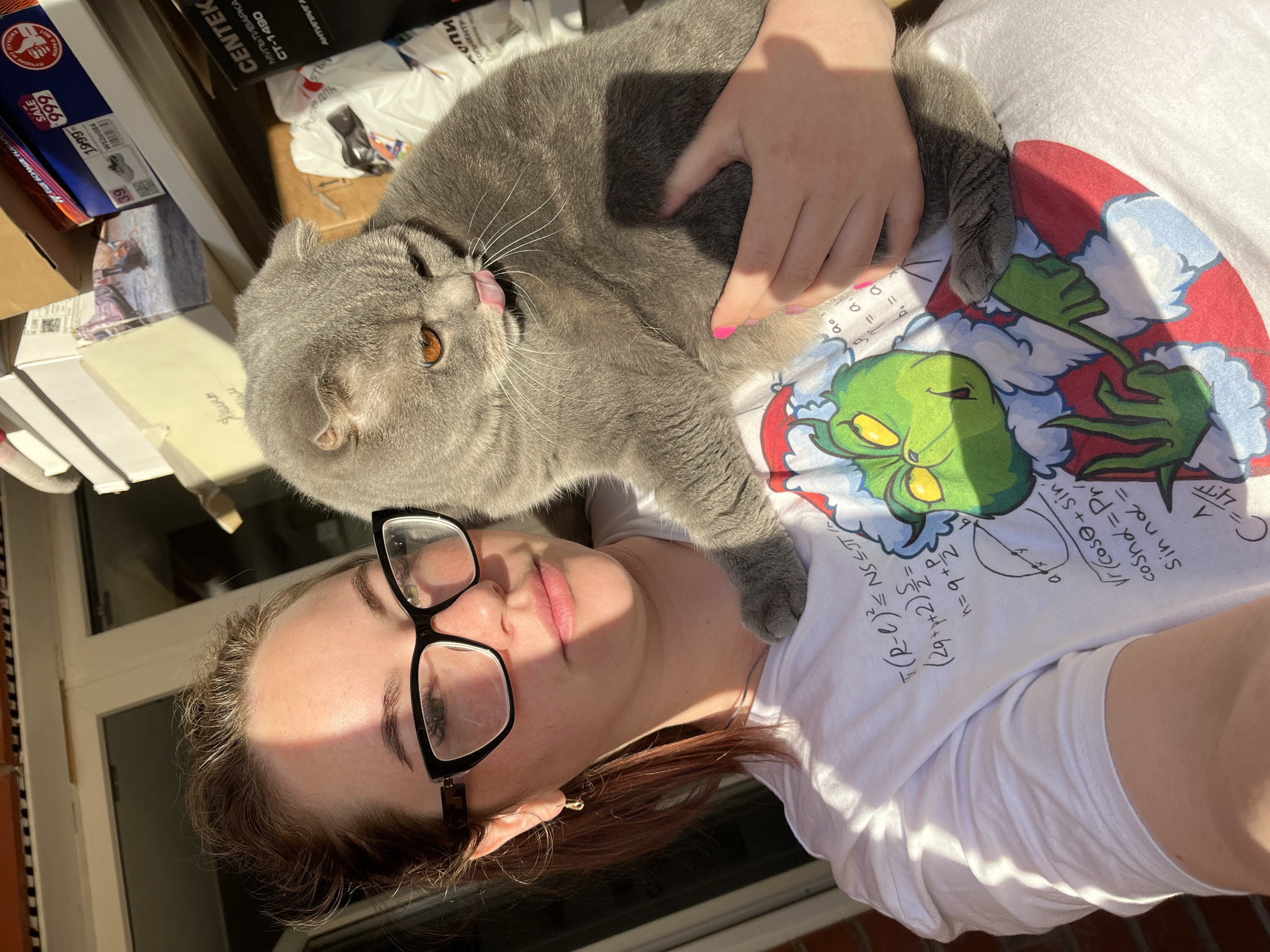 A young woman is captured in a sunlit selfie, lying down with a grey Scottish Fold cat resting on her chest. The woman, with reddish-brown hair, wears black-framed glasses and a white t-shirt featuring a green "Grinch" character design alongside various handwritten mathematical formulas, including trigonometric identities like "cosnd=F" and geometric notations. Her fingers, painted with bright pink nail polish, are visible near the cat. The cat, with striking orange eyes, is mid-lick, showing its pink tongue.
The scene is brightly lit by natural sunlight, casting strong shadows across the woman's face and shirt, indicating it's daytime on a sunny day. In the cluttered background to the top left, various items are visible, including cardboard boxes and products. Text on some boxes includes "SALE," "1999," "999," "39," "Якины," and "CENTEK МУЛЬТИВАРКА CT-1490 АНТИПРИГА," suggesting the presence of kitchen appliances or similar goods, possibly in a storage or utility area. A window or door frame is partially visible in the bottom left, further emphasizing the indoor setting. The overall mood is relaxed and casual, capturing a moment of interaction between the woman and her pet in Chaikovsky, Russia.