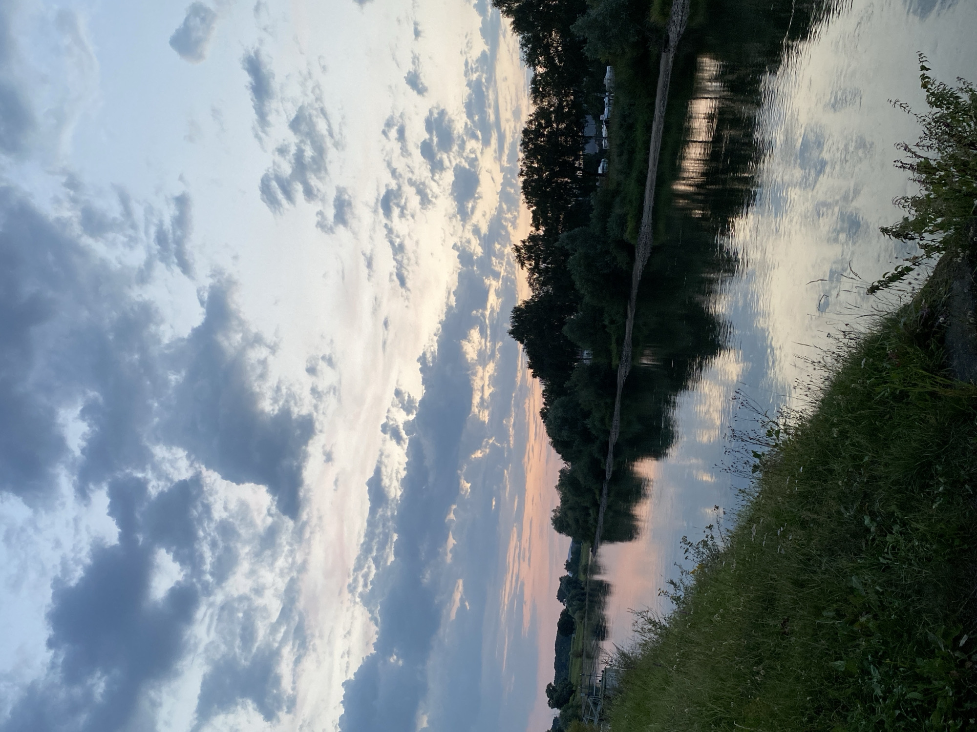An image captures a serene river scene at dusk, likely in Rinteln, Germany, as indicated by the style of the houseboats and the presence of German-registered vehicles. The sky is filled with a mix of dramatic, dark gray clouds and lighter, wispy formations, tinged with soft pink and orange hues from the setting sun. The river itself is calm and reflective, mirroring the sky and the dense line of trees that borders the opposite bank. These trees are dark green and create a silhouetted edge against the soft light. On the far bank, nestled behind the trees, a few white houseboats and what appear to be recreational vehicles are visible, suggesting a park or marina. The foreground of the image shows a grassy embankment sloping down to the water's edge, with tall green grass and a few scattered wildflowers. The overall atmosphere is peaceful and tranquil, characteristic of a quiet evening by the water.