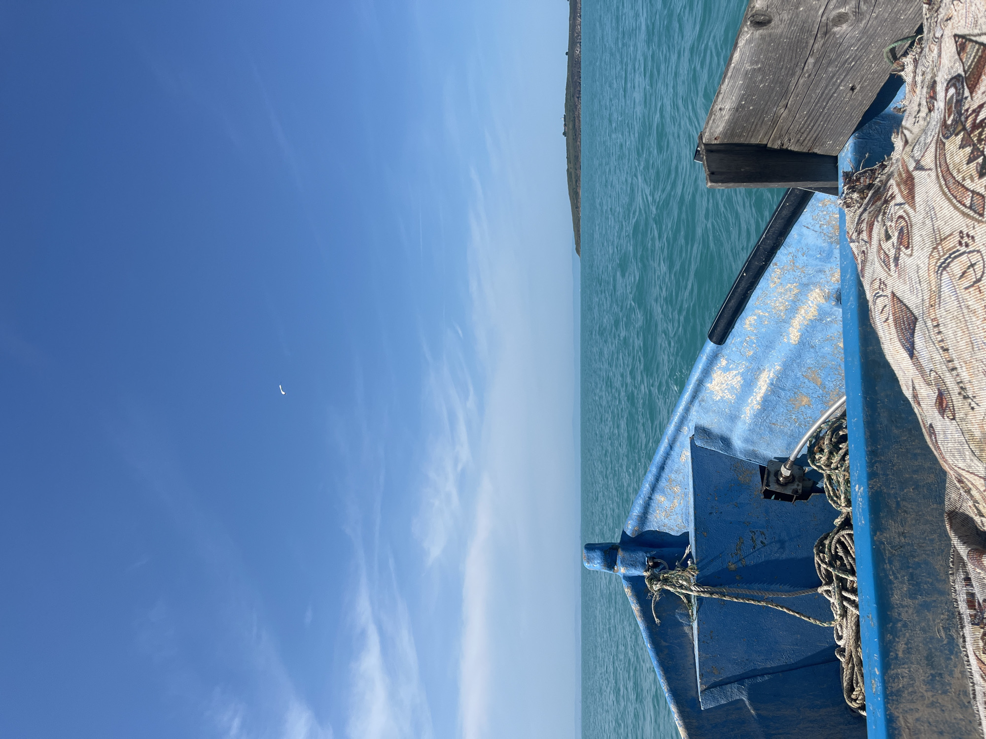 The image depicts the bow section of a weathered blue utility boat traversing calm, turquoise waters under a clear blue sky. The scene is set in an unspecified marine environment near Unknown, Unknown.
In the foreground, the interior of the boat is visible, painted a faded and chipped blue with areas of exposed, possibly oxidized, material. Coiled ropes of various thicknesses, appearing off-white and green, are stowed in the bow section, adjacent to a central, upright blue cleat or mooring post. To the right, a segment of a worn, patterned fabric, resembling a rug or blanket with earthy tones and abstract designs, covers a surface within the boat. A rough-hewn wooden panel, possibly part of a thwart or stern structure, is visible on the far right, with a black cylindrical object (likely an oar or pole) resting against it. A metallic fitting with a thick grey cable extends from the boat's interior on the port (left) side.
The midground features a vast expanse of tranquil, light blue-green seawater with minimal ripple, suggesting calm conditions. The water meets a distant, low-lying horizon line.
In the background, a verdant, low-lying island or peninsula with a rugged coastline is visible on the right, topped by small, indistinct structures. The sky above is a bright, unblemished cerulean, with only sparse, delicate wisps of white cloud, predominantly in the upper left quadrant. A small, white, crescent-shaped object, possibly a bird or high-altitude glider, is airborne in the upper center-right portion of the sky.
Bright, direct sunlight illuminates the entire scene, casting minimal shadows and highlighting the vibrant colors of the water and sky. No people are visible.
