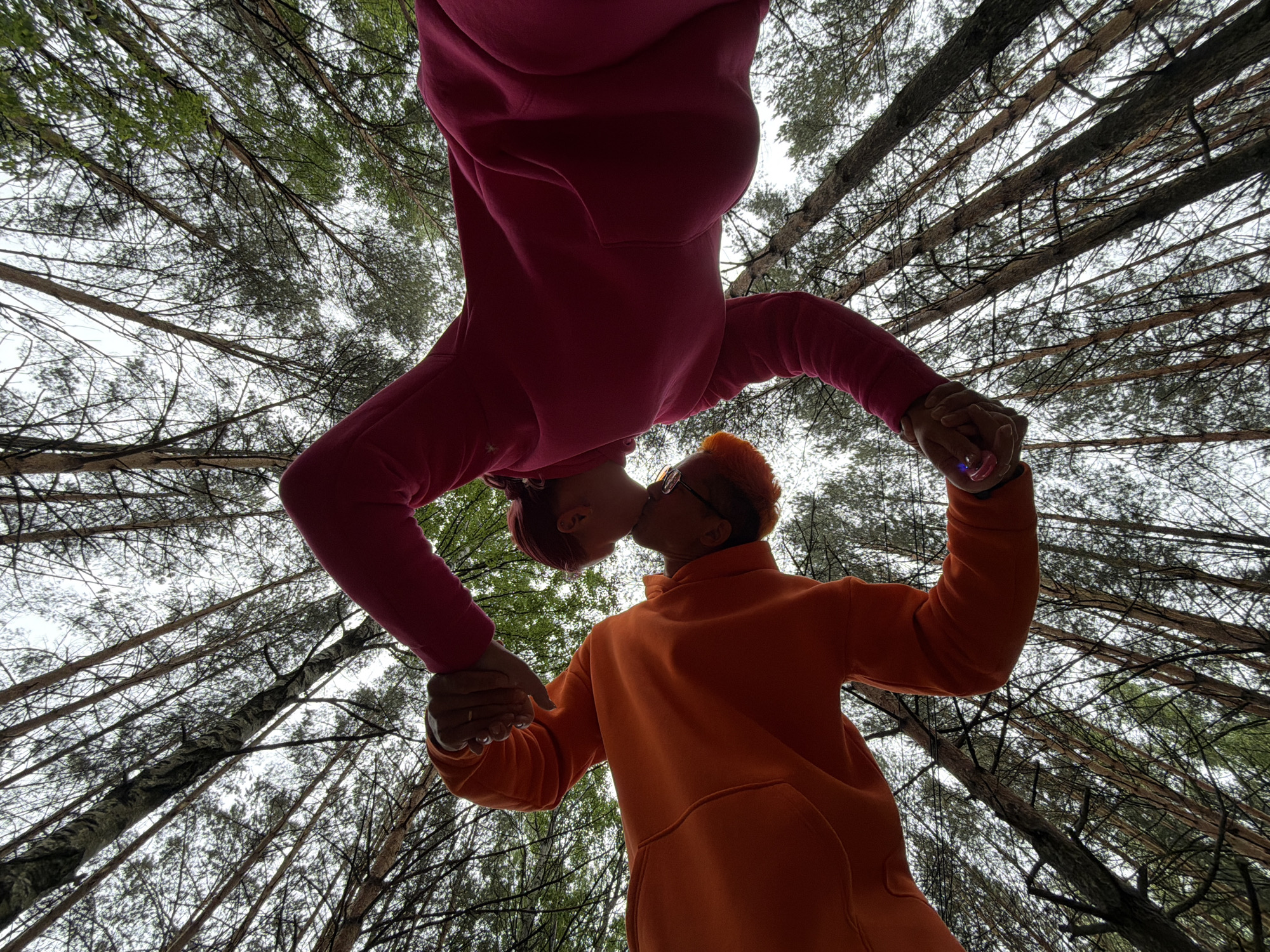 Two people, one in a pink hoodie and one in an orange hoodie, are kissing in what appears to be a forest in Chaikovsky, Russia. The camera is positioned low, looking up through the trees, capturing the sky. The individuals are holding hands, silhouetted against the tree canopy. The trees are tall and slender, with sparse foliage. The sky is overcast, providing a soft, diffused light.