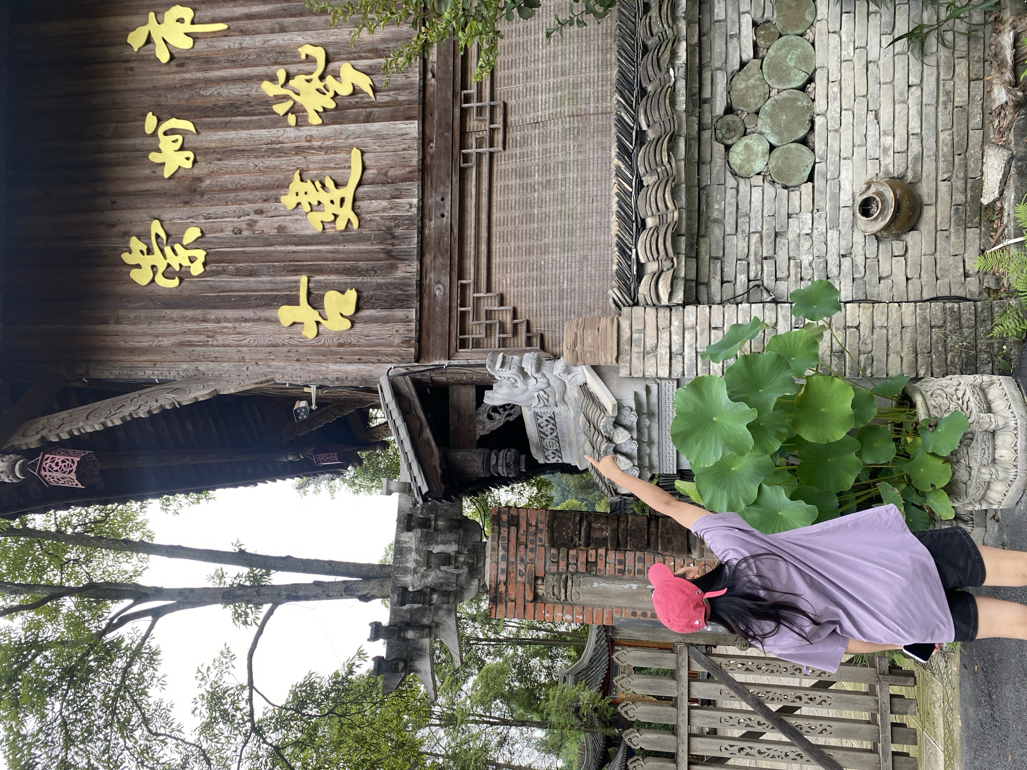 In Chongzhou City, China, a person wearing a pink cap and a purple t-shirt stands with their back to the camera, pointing a finger towards a traditional wooden building. The building features large, ornate golden Chinese characters inscribed on its facade. To the left of the building, a large lotus plant in a decorative pot is visible. The surrounding environment includes a wooden fence, brickwork, and greenery.