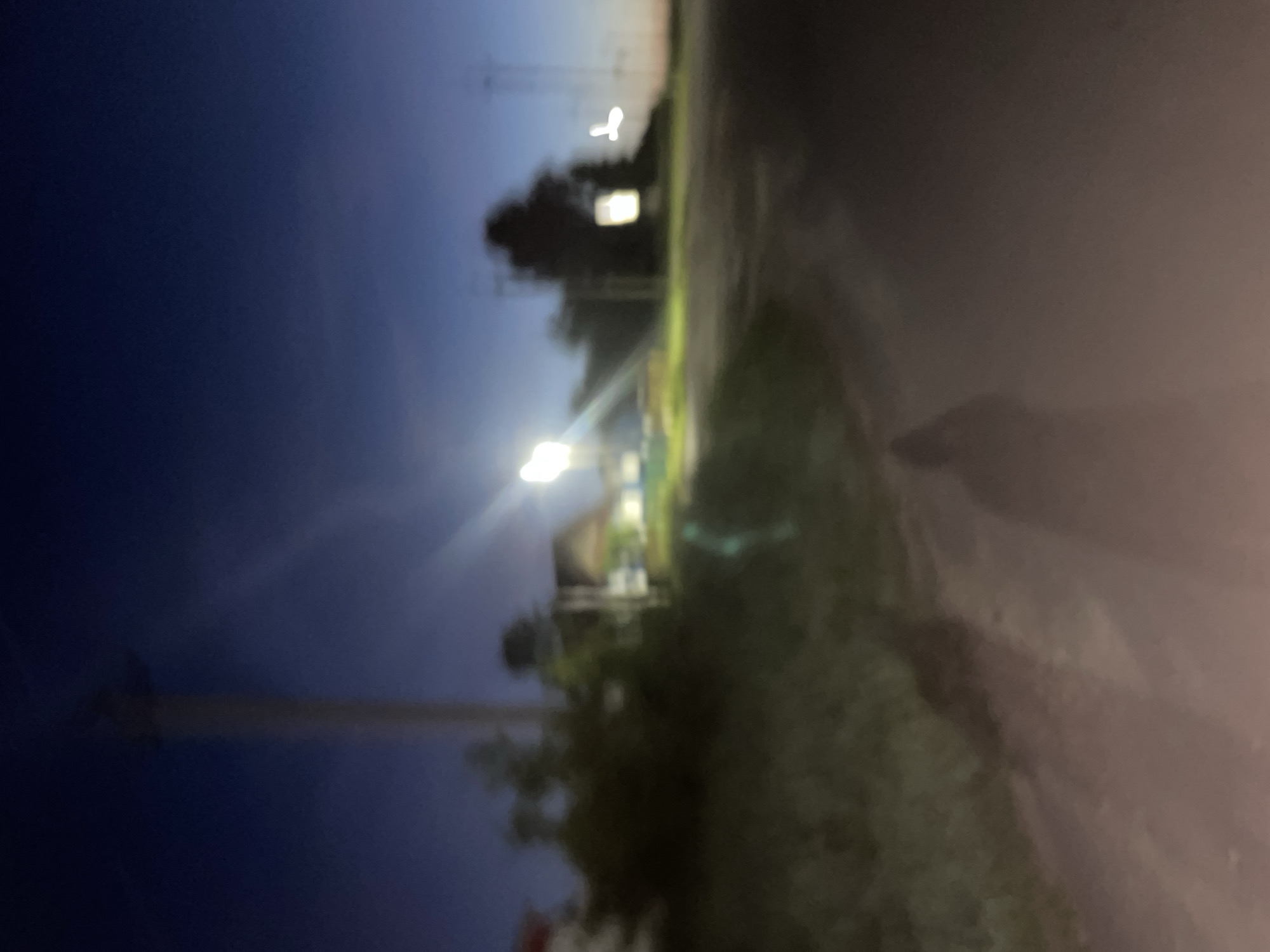 The image depicts a dimly lit, rural scene, likely on the outskirts of the city of Krasnye Baki, Russia. The time of day appears to be dusk or early night, with a deep blue sky transitioning to lighter hues near the horizon. A dirt road or path is visible in the foreground, leading towards the background. To the left, there is a grassy area with some bushes or small trees. In the mid-ground, a building with illuminated windows is present, suggesting a house or a small structure. Several light poles with visible lights are scattered throughout the scene, some emitting strong glare. A silhouetted figure, possibly a person, is faintly visible on the road in the foreground, casting a shadow. The overall image is blurry and lacks sharp detail, which could be due to low light conditions, motion blur, or a deliberate artistic choice. The environment appears to be natural, with no obvious urban structures beyond the building and light poles.