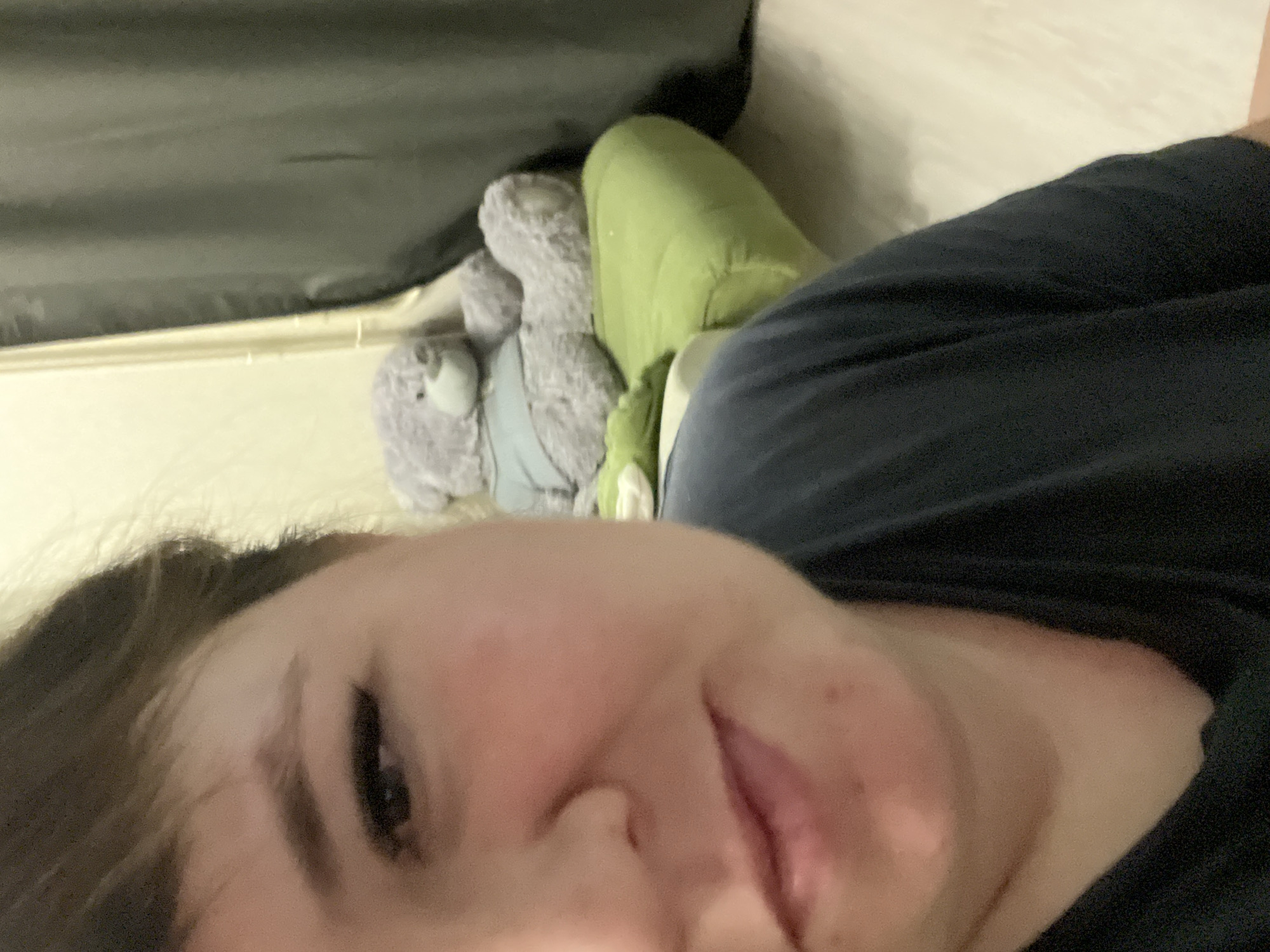 A close-up selfie of a person's face dominates the foreground, displaying part of their left eye, nose, cheek, and mouth. The person is lying down. Behind the person, there is a gray stuffed bear with a light blue vest, positioned next to a green pillow, resting on a white surface. Above the bear and pillow is a dark-colored cloth or blanket. The background also includes a section of a white wall. The image does not provide enough information to determine the location in the city of Chaikovsky, Russia.
