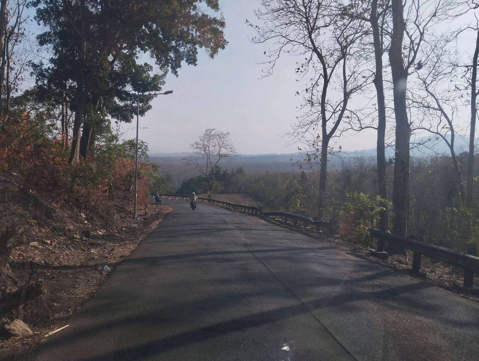The image depicts a paved road curving to the right through a wooded area. A guardrail runs along the right side of the road, and trees with sparse foliage line both sides. In the distance, a hazy landscape of rolling hills is visible under a pale sky. Two motorcycles are on the road, one with a rider and another farther ahead, also with a rider. The ground beside the road is covered with dry leaves and some rocky debris. A single lamppost is visible on the left side of the road. The scene appears to be a rural or semi-rural setting.