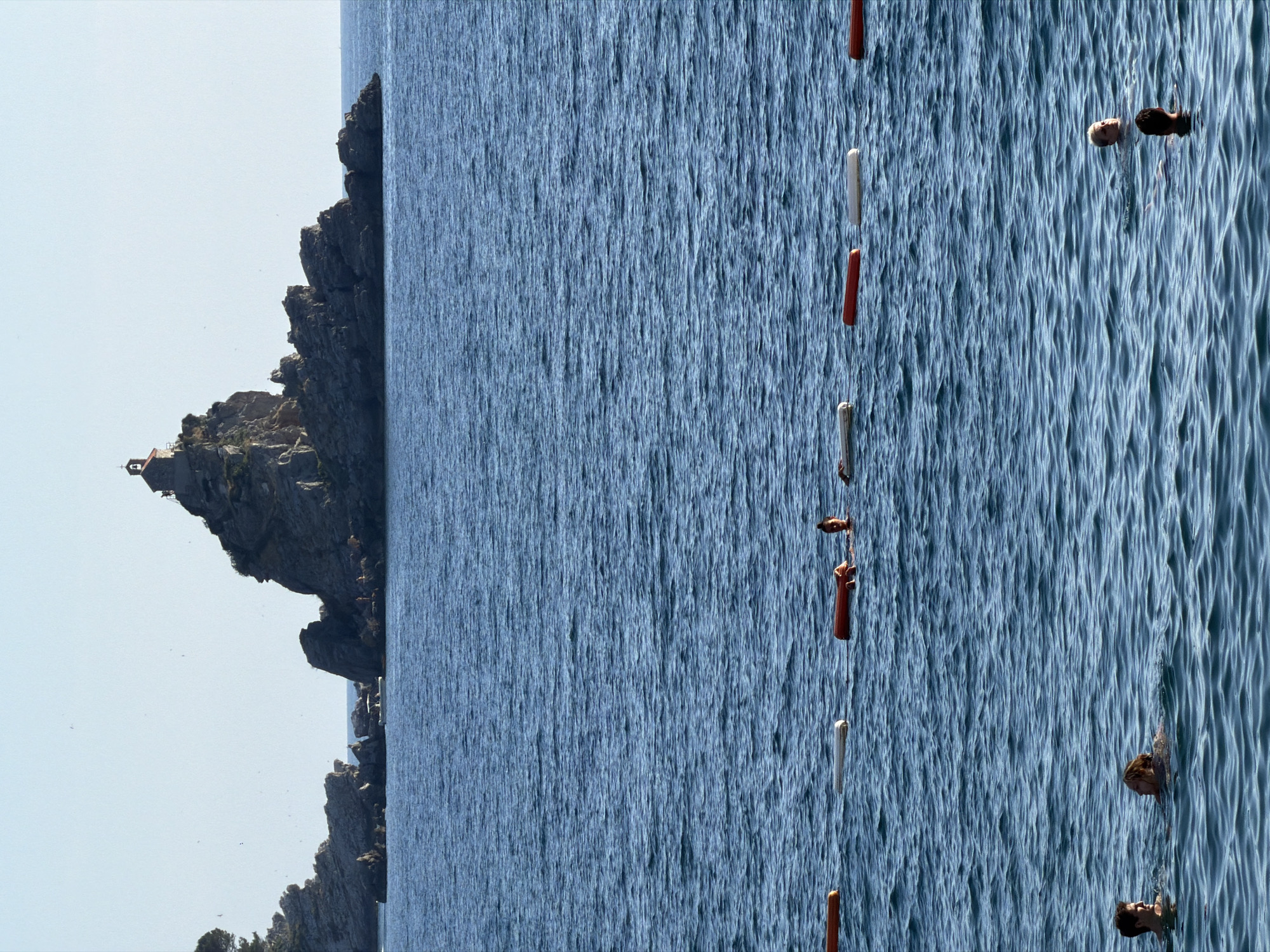 The image depicts a coastal scene with a rocky islet topped by a small structure, likely a chapel, in the background. The water is a deep blue, with small waves and a clear sky. In the foreground, several people are swimming in the sea. A line of buoys marks a boundary in the water. The overall scene appears to be a beach or swimming area in Petrovac centar, Montenegro.