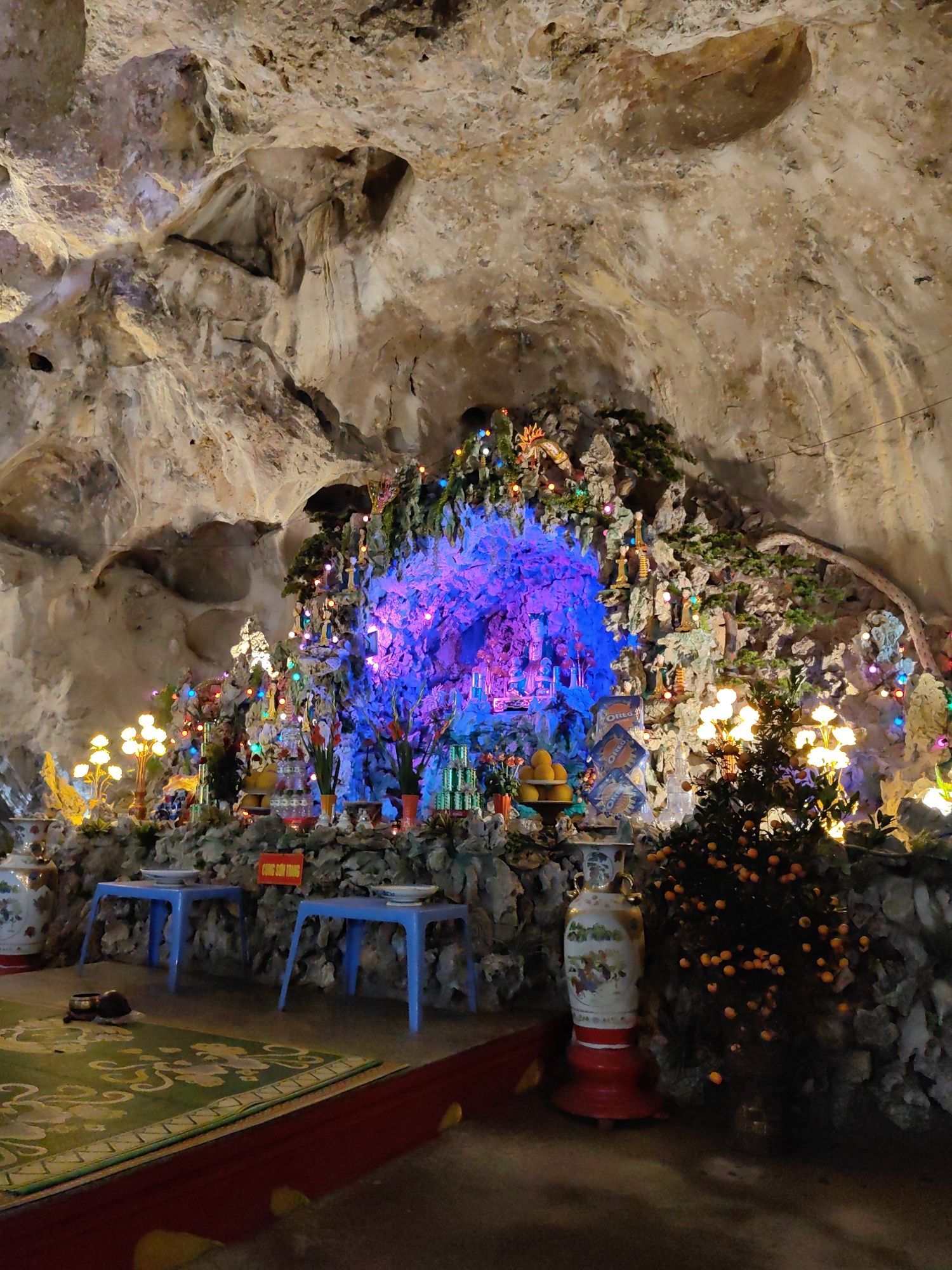 The image shows a shrine inside a cave in Lạng Sơn, Vietnam. The cave's rock formations are visible on the walls and ceiling. The shrine is decorated with plants, statues, and lights, prominently featuring a blue illuminated backdrop. In front of the shrine, there are two small blue tables, a vase with a red base, and a green and red rug on the floor. An orange tree is placed near the shrine.