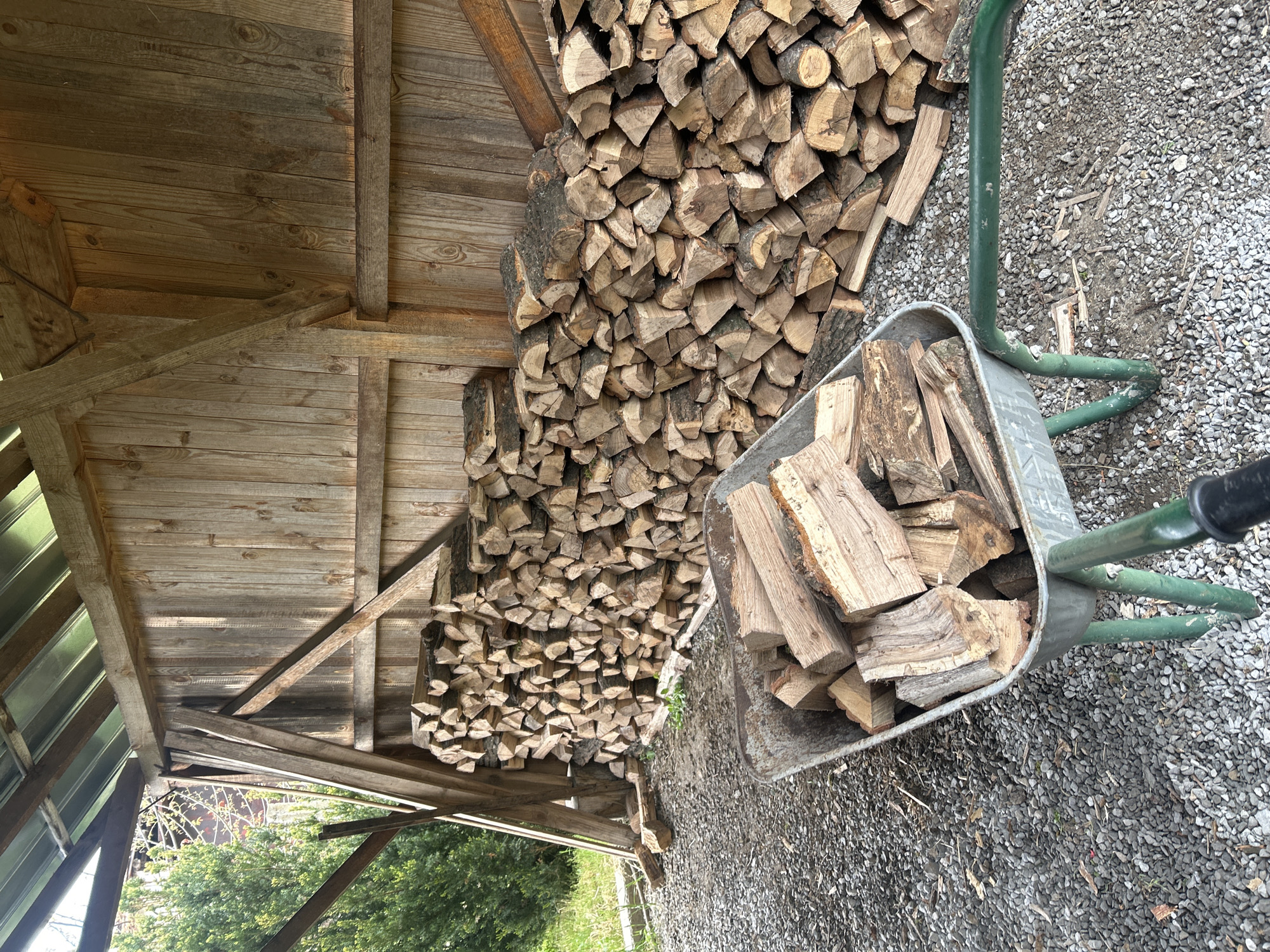 A stack of split firewood is under a wooden lean-to shed next to a wheelbarrow that is partially filled with more firewood. The ground is covered in gravel. The scene is likely in a rural or suburban area. The location is in Senovo, Bulgaria.