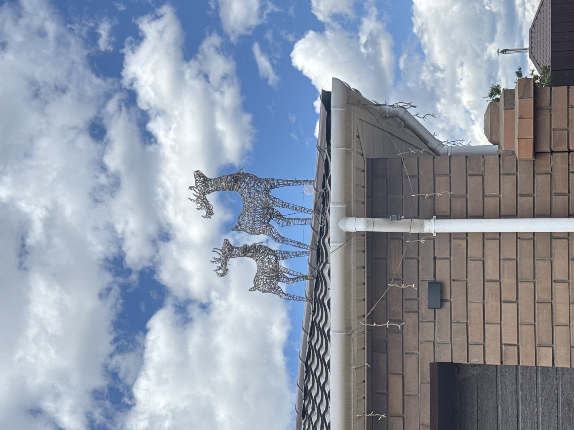 Captured from a low angle, the photograph showcases two wire-frame reindeer positioned on the roof of a brick building. The reindeer are rendered in a silver-colored wire material. The building, characterized by its brick construction, features a white gutter along the roofline. A white pipe runs horizontally across the brick facade. The sky behind the building is blue, punctuated by scattered white clouds. The image has been rotated counterclockwise by 90 degrees.