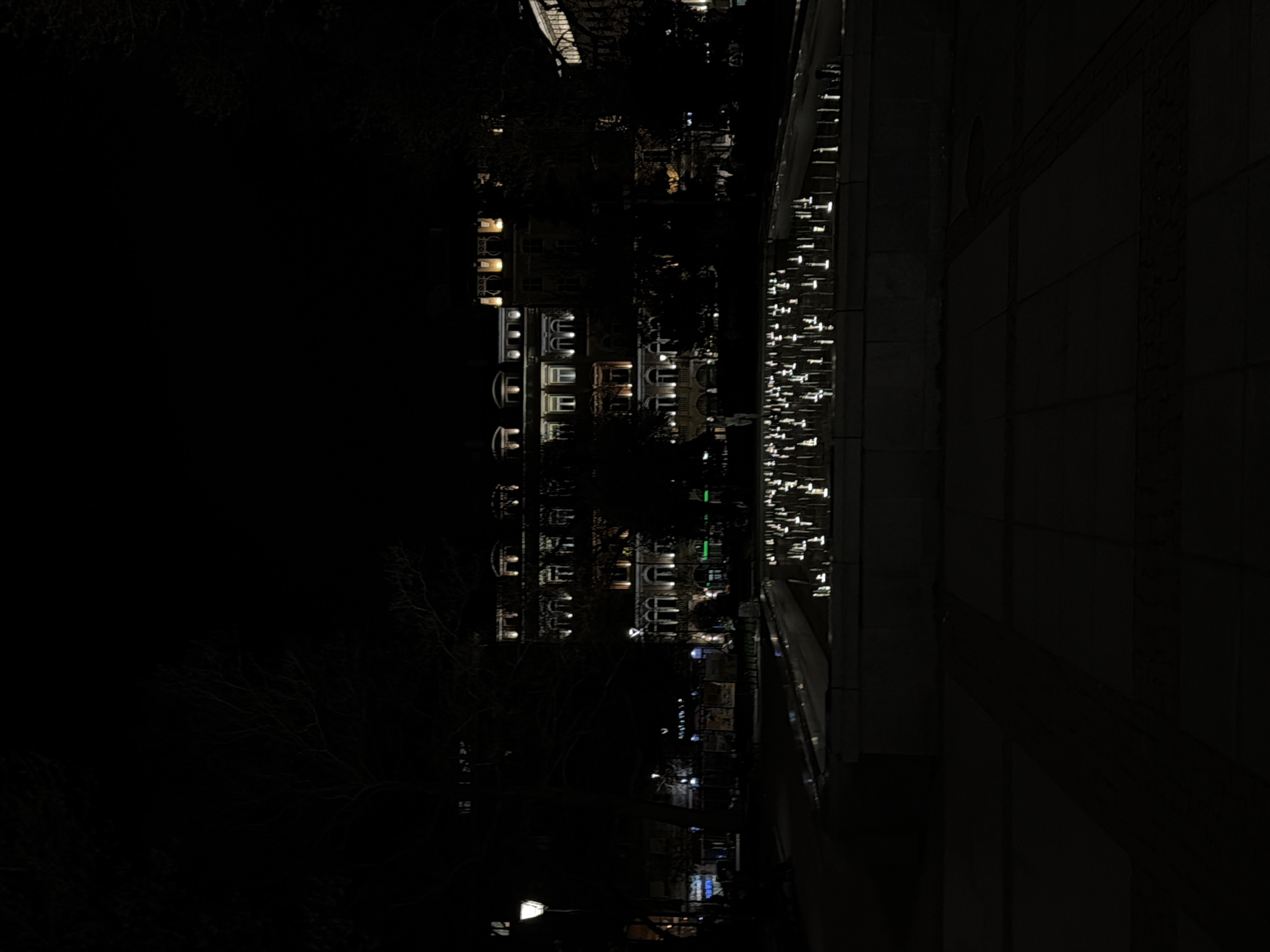 At night, a building with illuminated windows stands adjacent to a wall adorned with lights. Trees stand between the building and the foreground. The location appears to be urban.