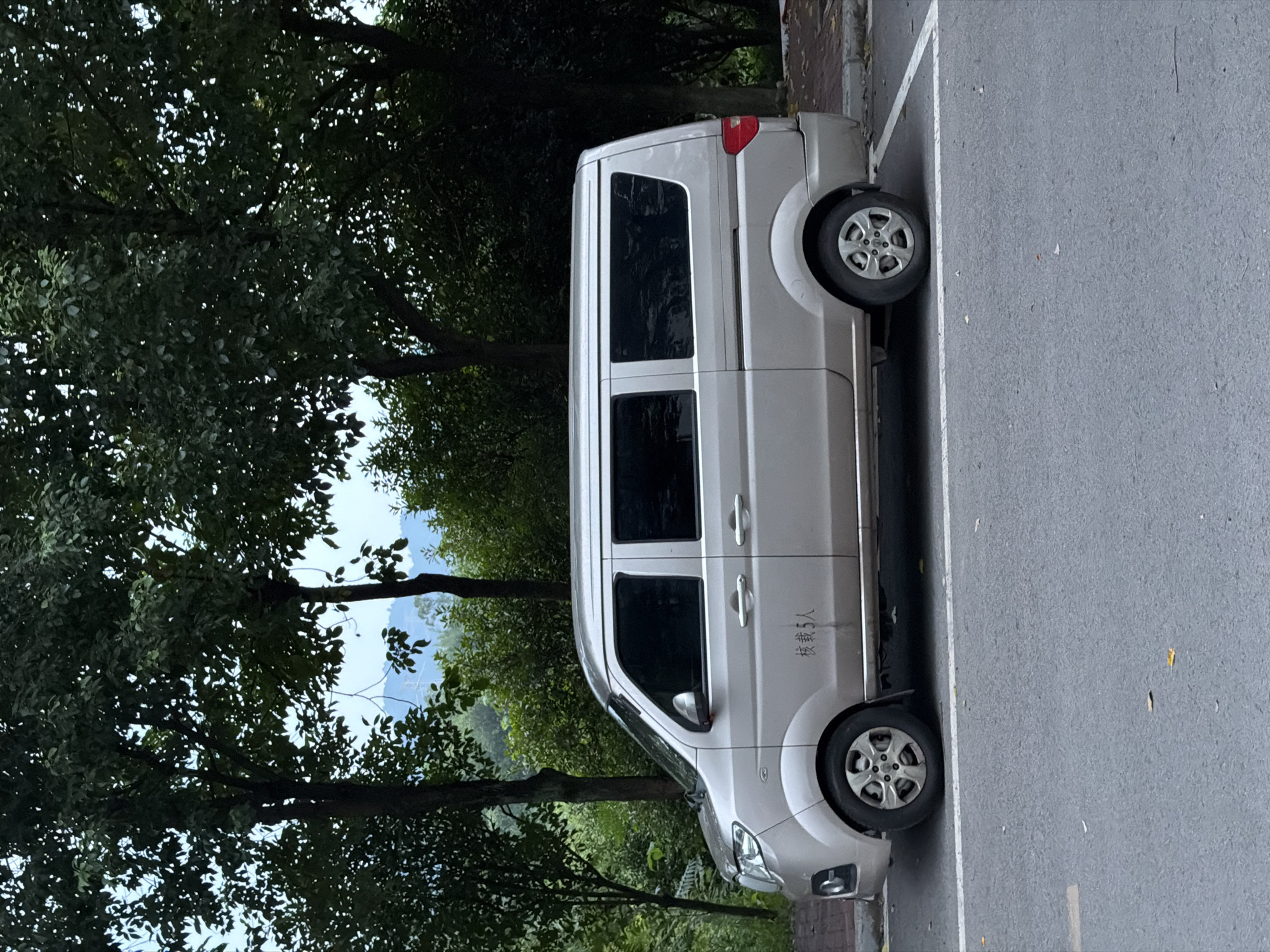 A silver minivan is parked in a marked parking space on an asphalt road. The minivan has tinted windows and chrome door handles. Chinese characters, which appear to read "核载5人" (meaning "load 5 people"), are visible on the side of the vehicle near the front wheel. The minivan is positioned on the right side of the frame, with a sidewalk and a line of trees to its left. The trees are lush and green, with their branches extending upwards and partially obscuring the sky, which is overcast. In the background, a hilly, tree-covered landscape is visible. The overall scene suggests a quiet, possibly rural or suburban, setting within the city of Jiangjin, China, given the presence of Chinese characters on the vehicle.