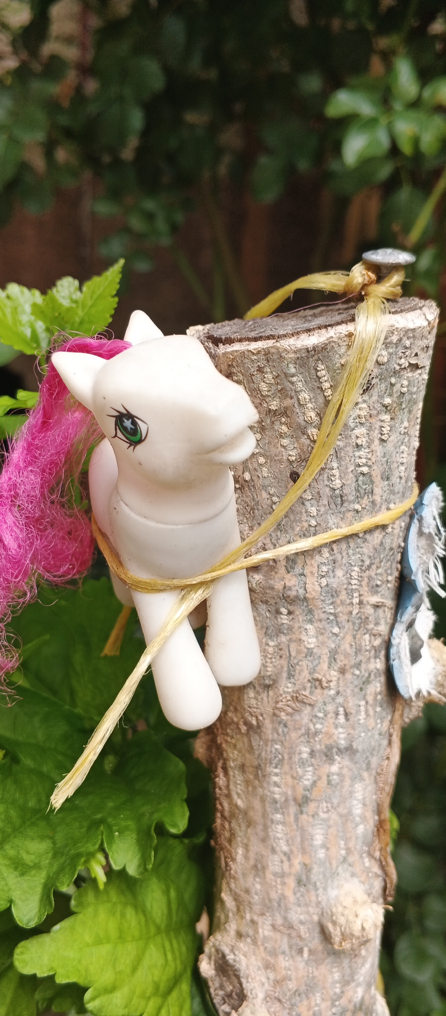 An outdoor, close-up, eye-level, medium shot captures a white plastic toy pony with pink hair tied to a section of a tree trunk with yellow twine. The pony faces left and is positioned in the lower left quadrant of the frame. Its eyes are green with black pupils and eyelashes. The tree trunk is rough and textured, with vertical striations and lighter colored patches. Yellow twine is wrapped around the trunk and the pony's body. A small, metallic nail is hammered into the top of the tree trunk, securing the twine. To the right of the trunk, a torn piece of blue and white material is visible. Lush green foliage surrounds the lower portion of the scene, with darker green leaves and branches forming the background, suggesting a garden or natural setting. The scene appears to be located in Berehove, Ukraine, given the context.