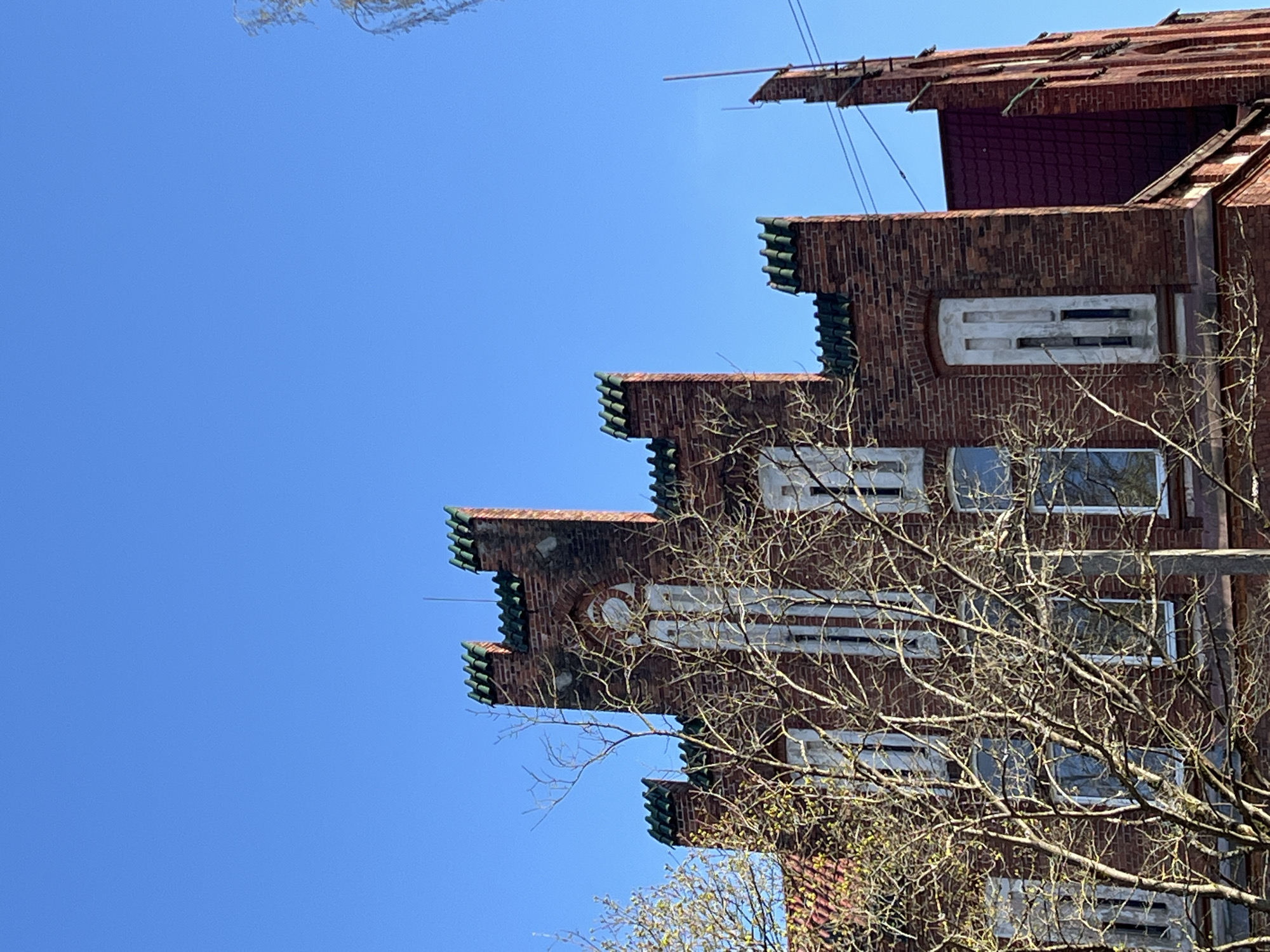The image, when viewed upright, presents a distinctive brick building under a clear, bright blue sky, partially framed by the bare branches of a deciduous tree. The multi-story building features reddish-brown brickwork and a complex, stepped roofline and upper facade. Decorative elements include rows of green, possibly tiled or painted, projections resembling corbels along the stepped cornices. Parts of the roof show signs of wear or construction/repair, with exposed structural elements and thin metal rods extending upwards.
The building has several rectangular windows with white or light-colored frames. On the upper levels, some windows are set within decorative brick surrounds, including one with a semi-circular top and others featuring horizontal bar patterns in their lintels.
In the foreground, a large tree with intricate, leafless branches partially obscures the building, particularly its central and lower sections. A few small green leaves are visible on the lower branches, suggesting early spring. The bright conditions indicate a sunny day, likely midday. The architectural style, with its ornate brickwork and stepped gables, is characteristic of historic European buildings, fitting the context of Sovetsk, Russia. No specific activities are taking place, and no visible text is present.