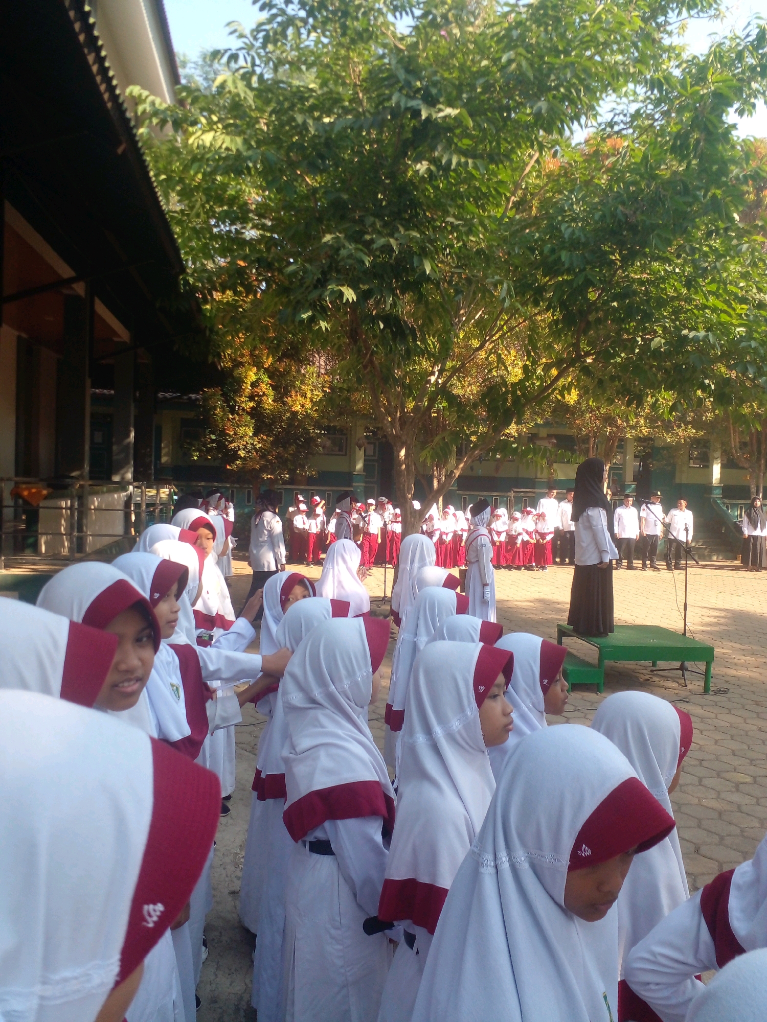 In the city of Banyuputih, Indonesia, an outdoor school event is taking place. A group of students, predominantly girls wearing white hijabs with maroon trim, are gathered in an assembly. Some of the students are in the foreground, looking towards a raised green platform where a woman in a black hijab and long skirt stands, seemingly addressing the assembly. Behind the students, other individuals in white shirts and maroon pants are also present, possibly teachers or staff. The environment appears to be a school courtyard, with buildings visible in the background and trees providing shade. The sun is shining, casting shadows on the ground. The overall scene suggests a formal occasion, likely a school ceremony or assembly.