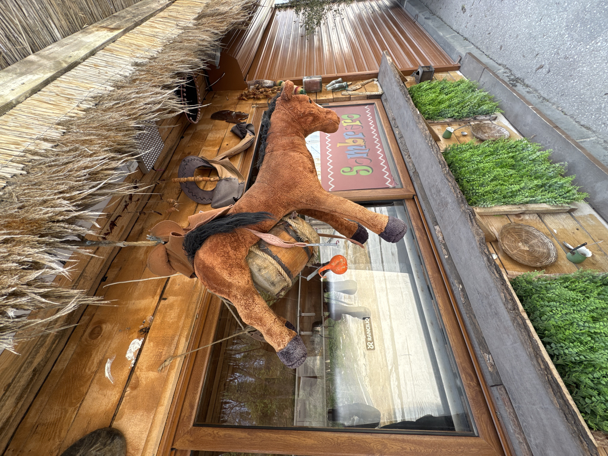 The image, taken in Varna, Bulgaria, depicts a building facade decorated with rustic and whimsical elements. A stuffed brown horse with black mane and tail is positioned as if riding on a barrel with a saddle and stirrups. A sign with the word "Sombreseo" in colorful letters is visible. The building is clad in wooden planks, with a thatched roof overhang. Artificial greenery lines the edge of the building near the roof, and decorative items such as woven baskets are interspersed among the plants. A window below displays a reflection of trees and bears the logo of "Rancilio." The image is shot from an unusual angle, looking up at the building's edge.