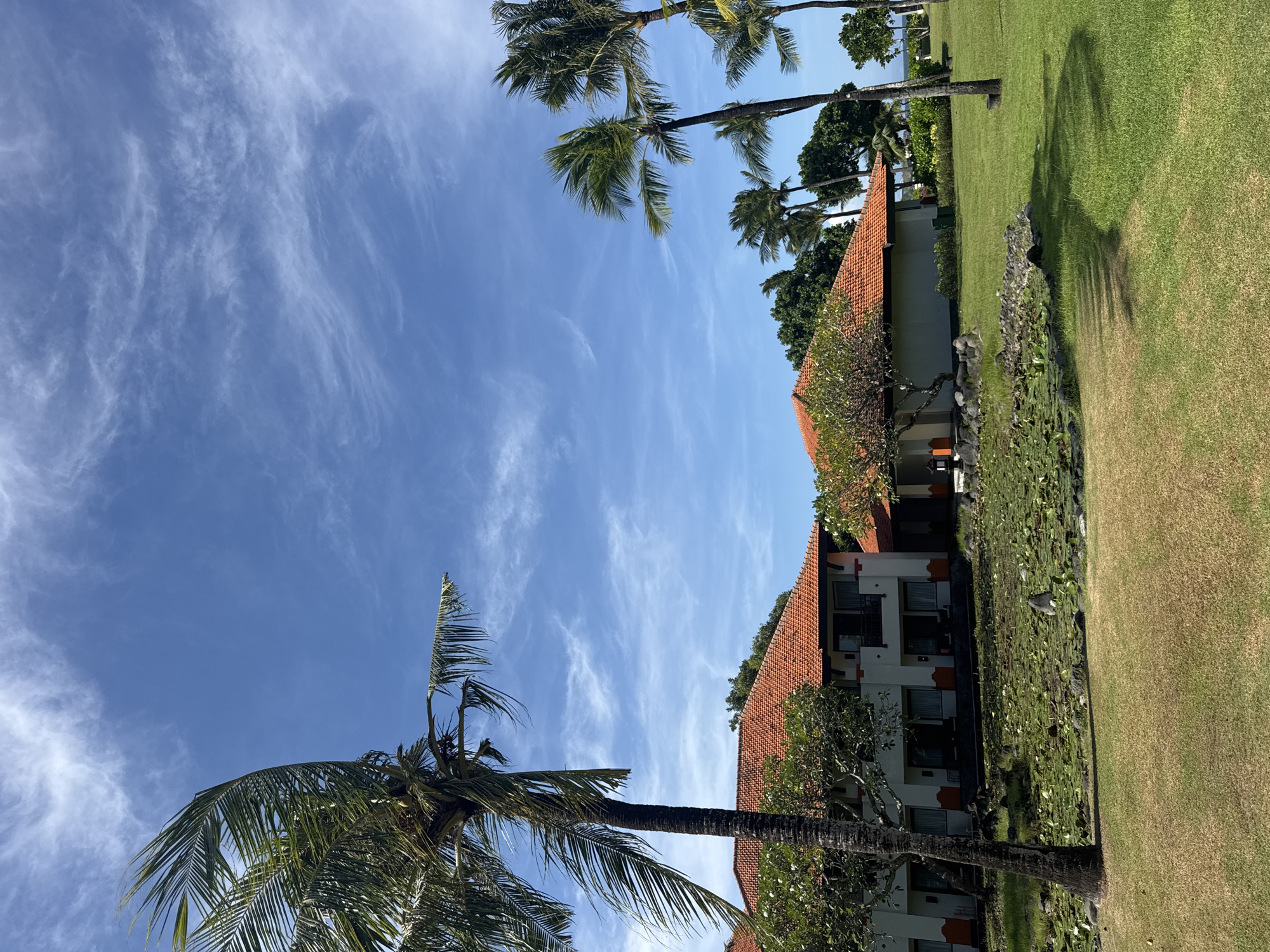 The image shows a tropical landscape in Kuta Selatan, Indonesia, featuring palm trees, a building with a terracotta tile roof, a manicured lawn, and a bright blue sky with wispy clouds. The building has multiple stories and appears to be a resort or hotel. The foreground includes lush greenery and a body of water with aquatic plants. The scene is bathed in sunlight.