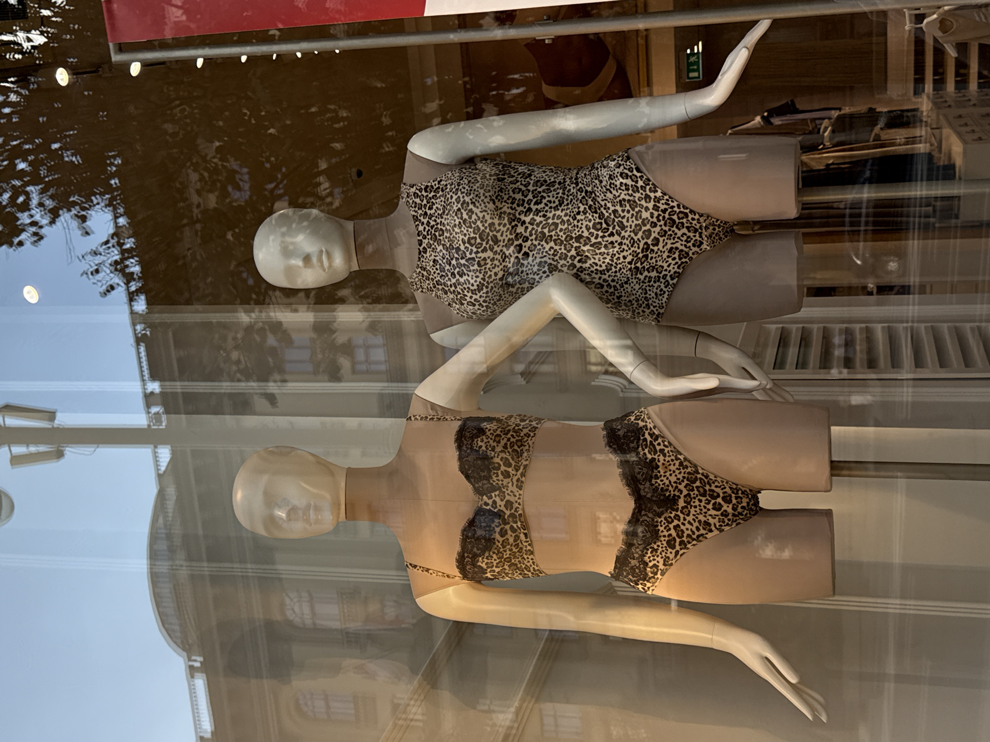 The image shows a storefront window display featuring two mannequins. The mannequin on the left is wearing a leopard-print bra with black lace trim and matching leopard-print bikini bottoms with black lace trim. The mannequin on the right is wearing a leopard-print one-piece swimsuit. The mannequins are positioned behind a glass window, and reflections of buildings, trees, and the sky are visible on the glass. The lighting suggests it is daytime. The scene is a retail environment, likely a lingerie or swimwear store.