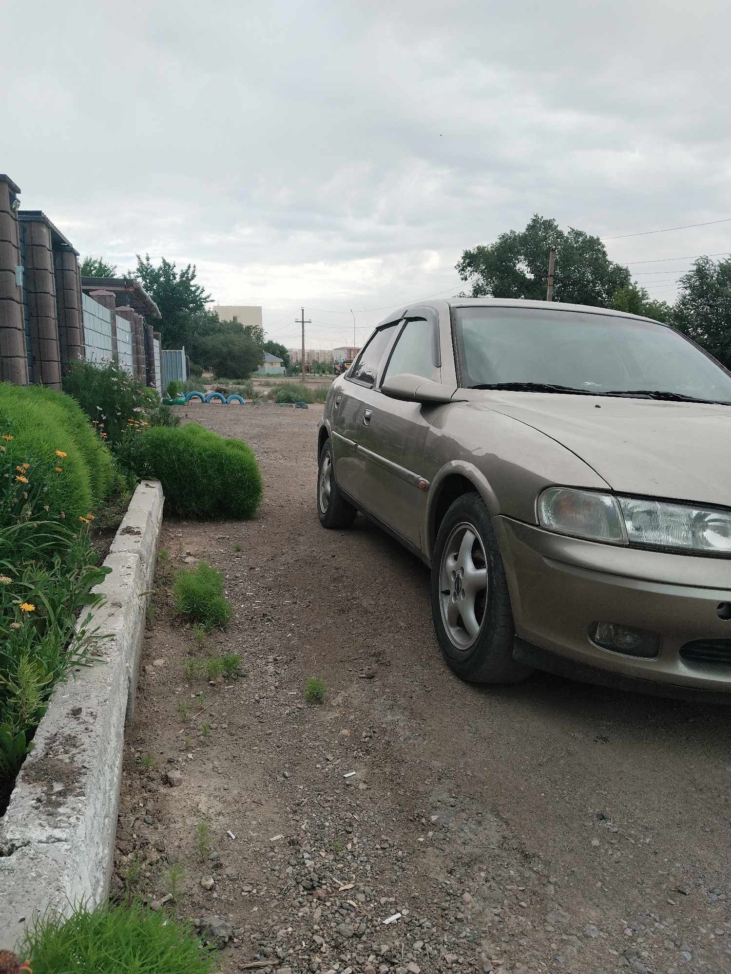 The image shows a tan-colored Opel Vectra parked on a gravel road in Balqash, Kazakhstan. The car is positioned on the right side of the frame, facing towards the viewer's left. In the background, a fence with brick posts and a mesh wire section runs along the left side of the image. Beyond the fence, there are green bushes and some flowering plants. Further in the distance, there are buildings, trees, and utility poles under a cloudy sky. The ground is covered with gravel and dirt, and there are some small green plants growing near the concrete border on the left. The scene appears to be an outdoor area, possibly a residential street or a side road.