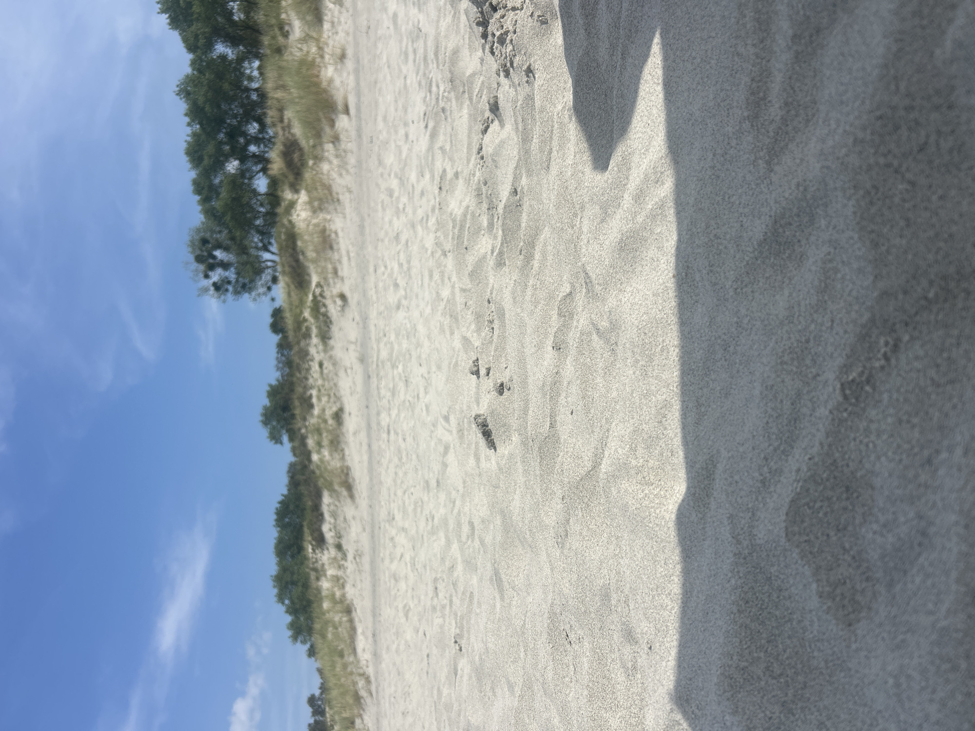 A low-angle shot focuses on the granular texture of sand dunes under a bright blue sky with scattered clouds. In the distance, a line of green trees and vegetation forms a natural border. The foreground is dominated by the sand, with subtle shadows cast across its surface, suggesting the presence of an unseen object or person. The scene depicts a natural landscape, likely a beach or coastal area, within Baltiysk, Russia.