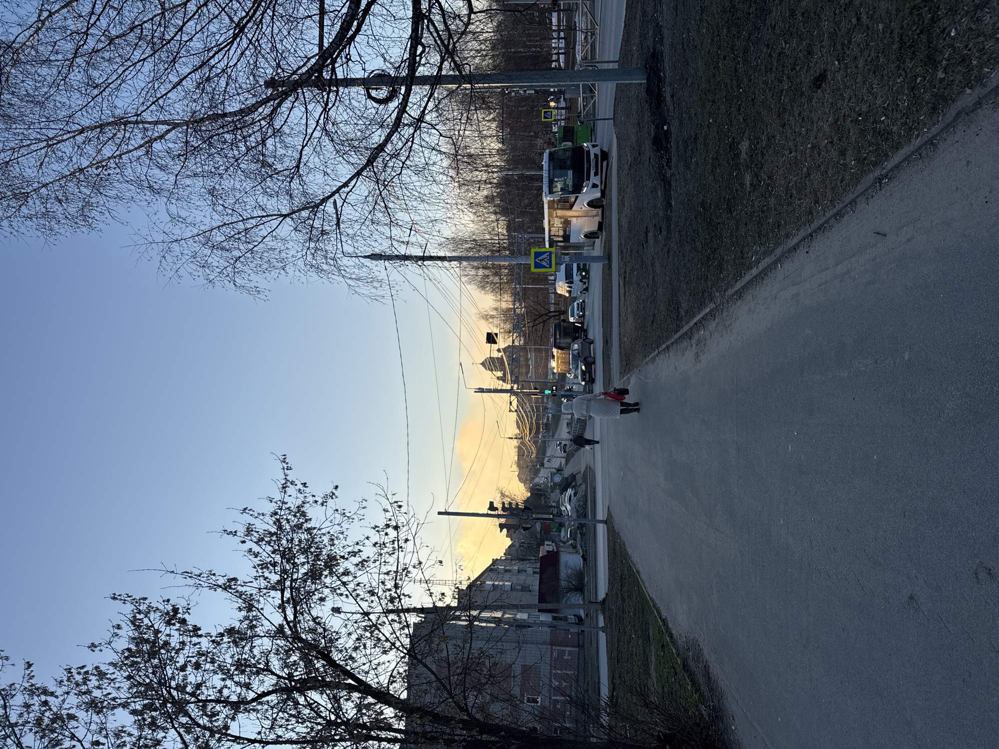 The image depicts a street scene in what is likely Berezniki, Russia, given the architectural style and signage. A paved road runs through the frame, flanked by a grassy verge on one side and buildings on the other. Several vehicles, including a bus and cars, are visible on the road. A pedestrian is crossing the street at a designated crosswalk. Bare trees are present in the foreground, partially obscuring the view of the sky, which shows the hues of sunset. Power lines stretch above the road.