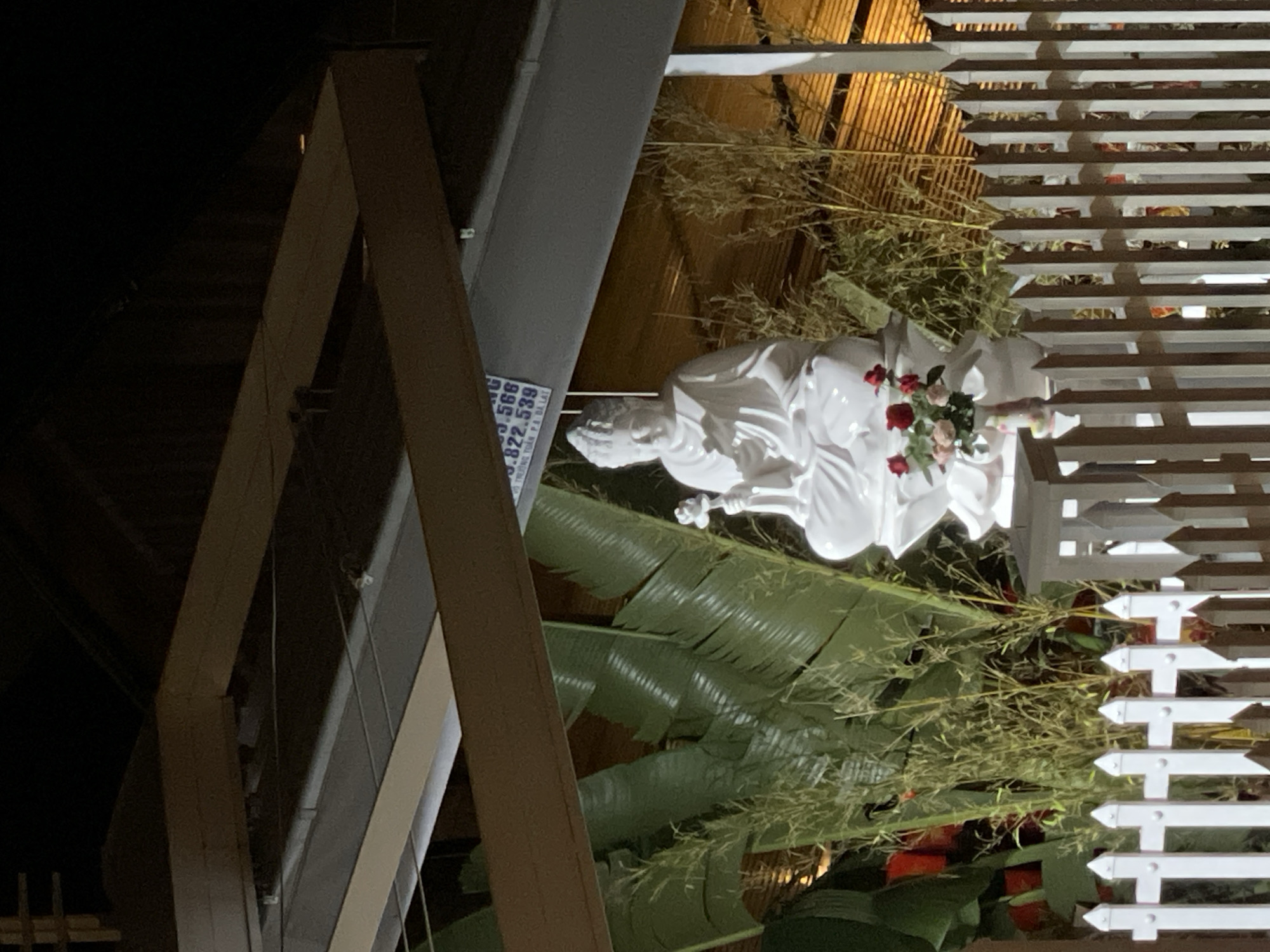 The image captures a religious scene in Lam Vien - Da Lat, Vietnam. A white statue of a figure, likely a saint or deity, adorned with red and white flowers, stands prominently in a garden setting. The statue is situated near lush green banana leaves and thin, yellowish-green foliage resembling bamboo or grasses.
Behind the statue is a white picket fence, and in the background, there's a building with horizontal slats, possibly a roof or awning. The scene is partially obscured by a wooden frame structure on the left, which appears to be part of a building or architectural detail.
A sign is affixed to a gray structure near the statue, displaying text that includes phone numbers: ".566 8.822.539". The overall lighting suggests it is evening or nighttime.