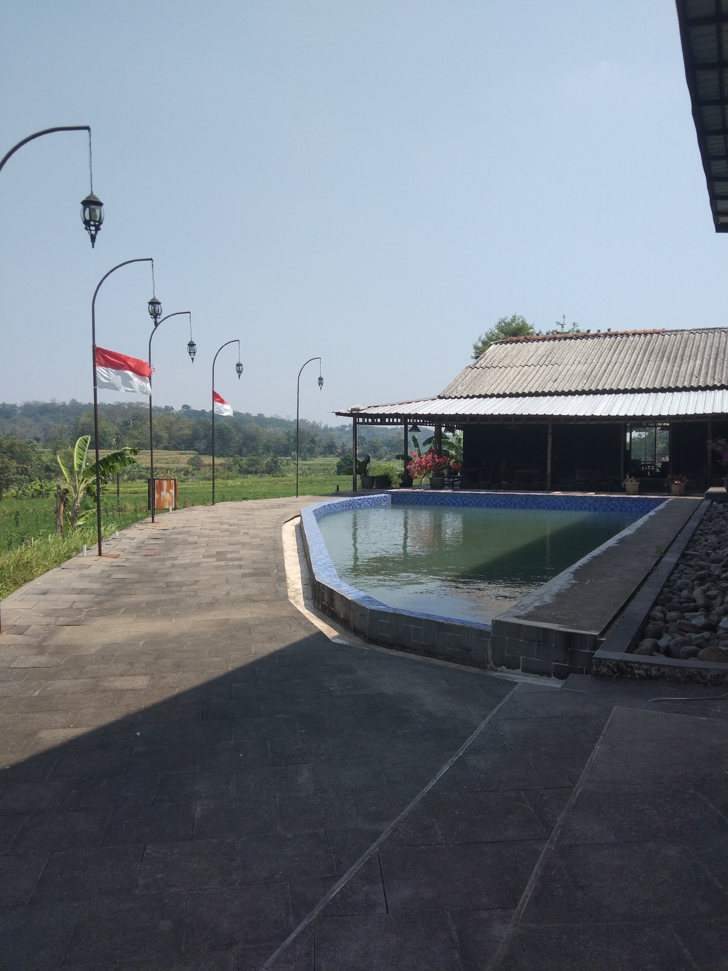 A paved walkway with large, square, dark gray tiles leads towards a swimming pool. The pool has a blue tiled edge and is filled with greenish water. To the right of the pool, there is an area with large, gray river stones. Beyond the pool and walkway, a traditional Indonesian building with a corrugated metal roof and open sides is visible. Several lampposts with decorative lanterns are spaced along the walkway. Two Indonesian flags are flying on poles near the lampposts. In the background, there are lush green rice fields and rolling hills, characteristic of the rural landscape in Keling, Indonesia. The sky is clear and bright blue.