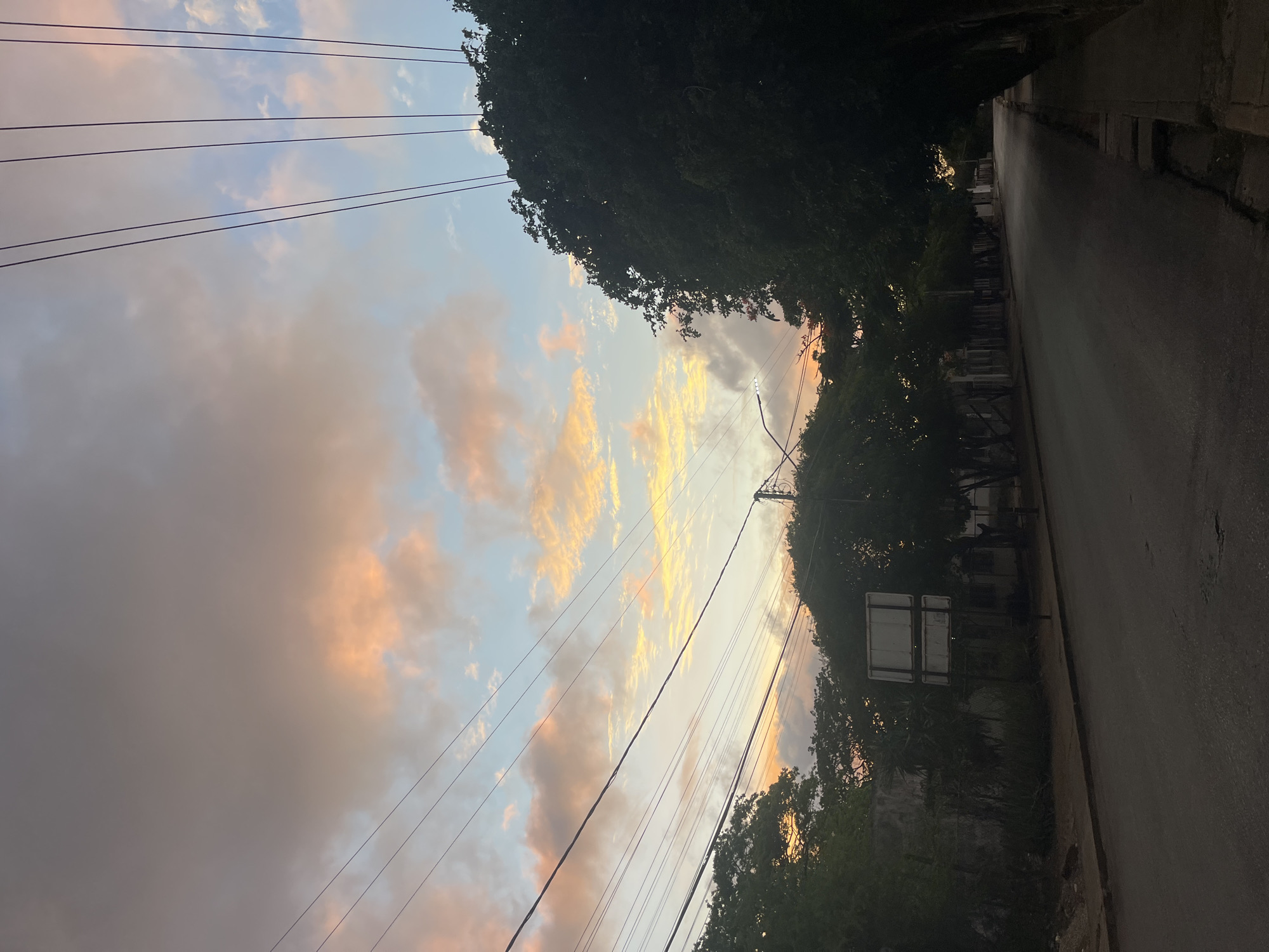 The image depicts a street scene at dusk in Santa Ana, Venezuela. The sky is a canvas of soft hues, with clouds tinged in orange, yellow, and blue, indicating either sunrise or sunset. Overhead, multiple power lines crisscross the sky, adding a geometric element to the natural beauty. On the right side of the street, a dense canopy of dark green trees lines the sidewalk, casting shadows onto the asphalt. The street itself is paved and appears relatively empty, with faint markings on its surface. On the left side of the street, there are buildings and more trees, some appearing overgrown. A metal signpost with two blank white rectangular signs stands near the sidewalk on the left. The overall atmosphere is tranquil and quiet, characteristic of a residential area in the early morning or late evening.