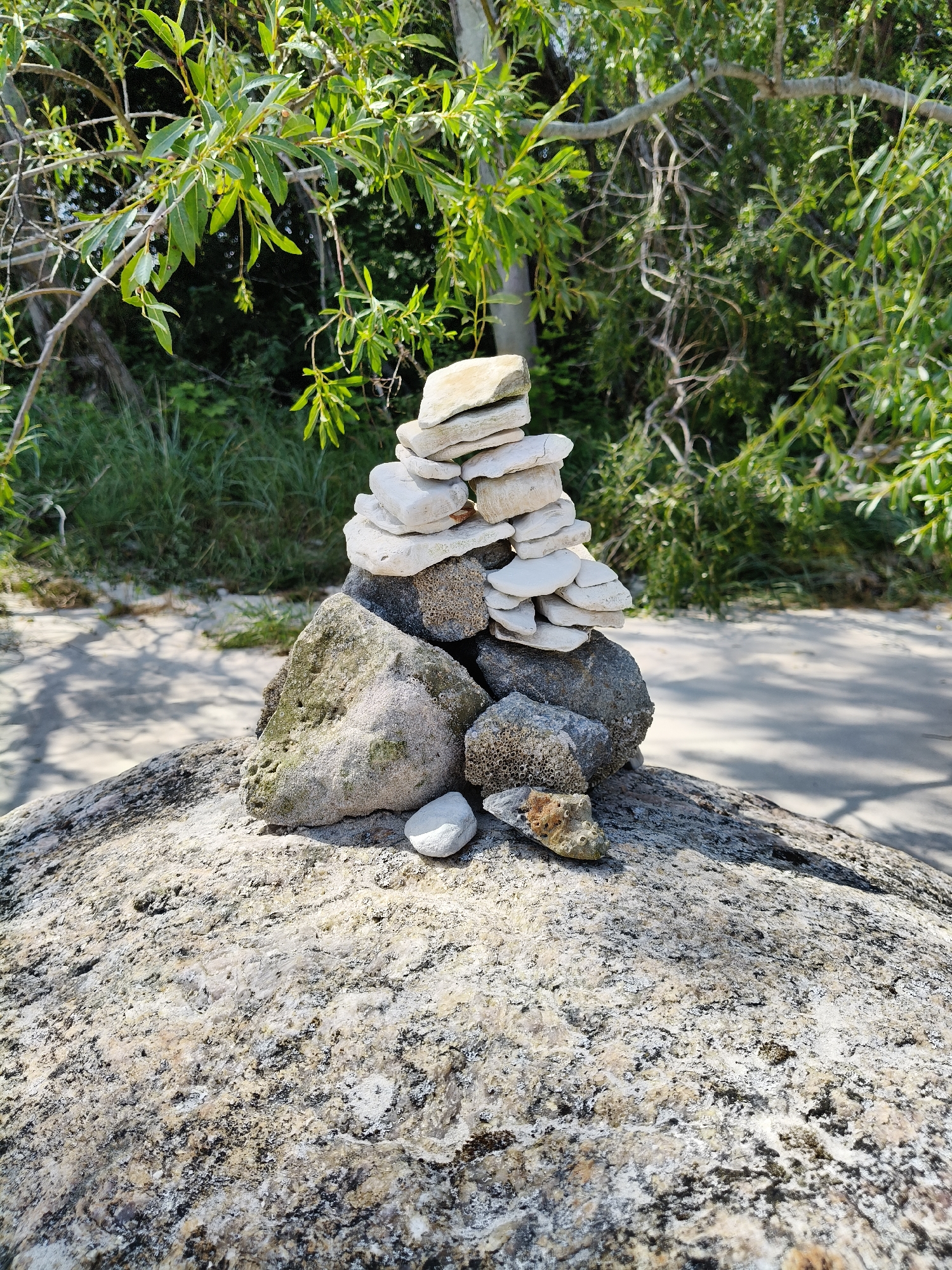 In Bigauņciems, Latvia, a meticulously stacked cairn of stones rests upon a large, textured boulder. The cairn, constructed from flat, white stones and darker, rougher stones, rises towards a canopy of lush green foliage. The background features dry grasses and the dappled sunlight filtering through branches, suggesting an outdoor, possibly coastal or natural setting. The ground appears sandy, with shadows cast by unseen elements.
