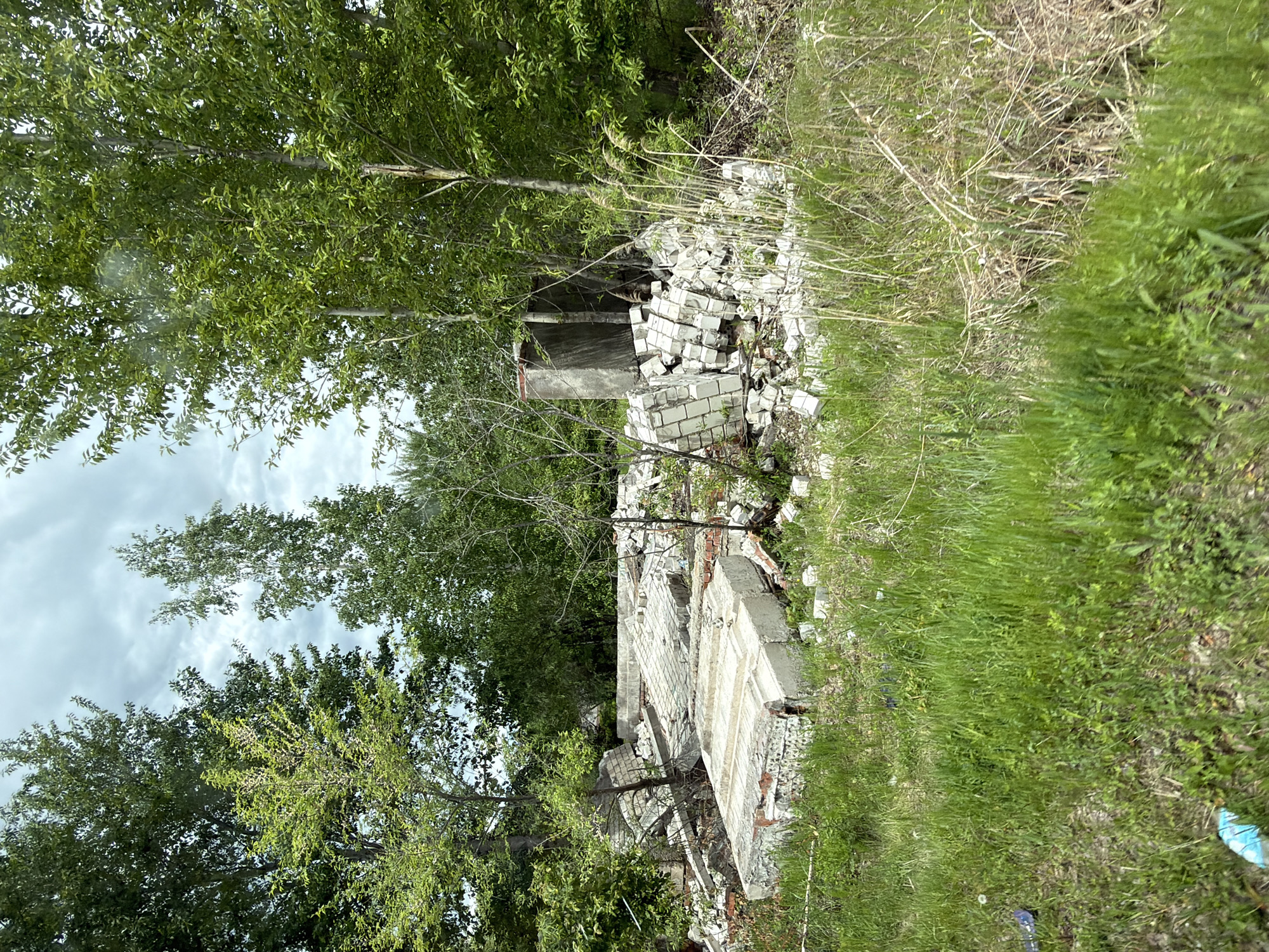 The image shows the remnants of a collapsed building in Smidovich, Russia. The structure appears to be made of concrete and white bricks, with large concrete slabs and piles of debris scattered across the ground. Tall green trees and overgrown grass surround the ruins, suggesting a period of neglect or abandonment. The sky is overcast with a few hints of blue. The scene conveys a sense of decay and the passage of time.