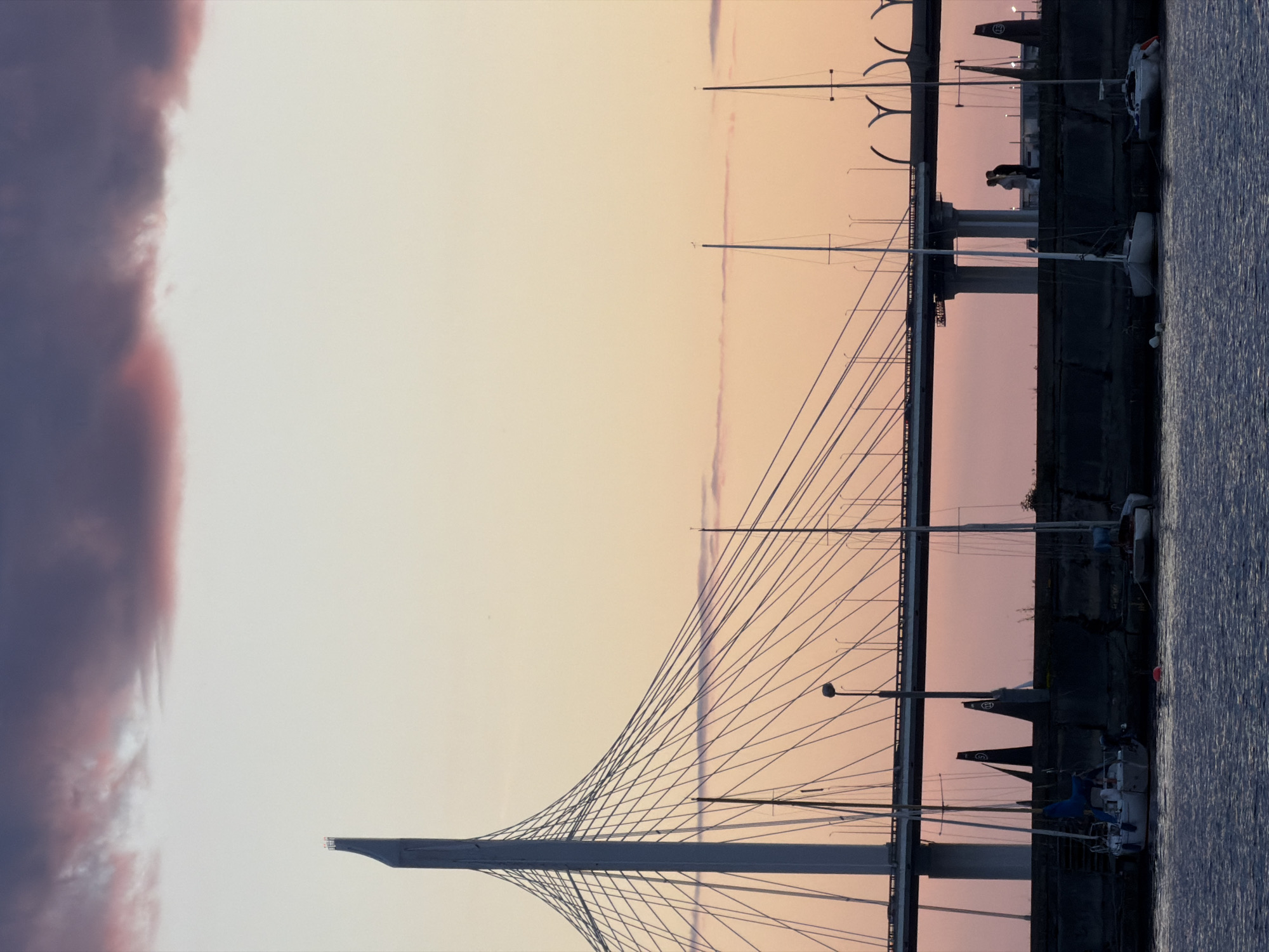 The image depicts a sunset scene in Saint Petersburg, Russia, featuring the cable-stayed bridge of the Western High-Speed Diameter. Silhouetted against a sky of soft pinks and purples, the bridge's distinctive white pylon and network of cables dominate the upper portion of the frame. Several sailboats are moored in the foreground, their masts extending upwards. On the embankment beneath the bridge, a couple, appearing to be a bride and groom, is visible in silhouette, suggesting a wedding celebration. The water in the foreground is dark and rippled.