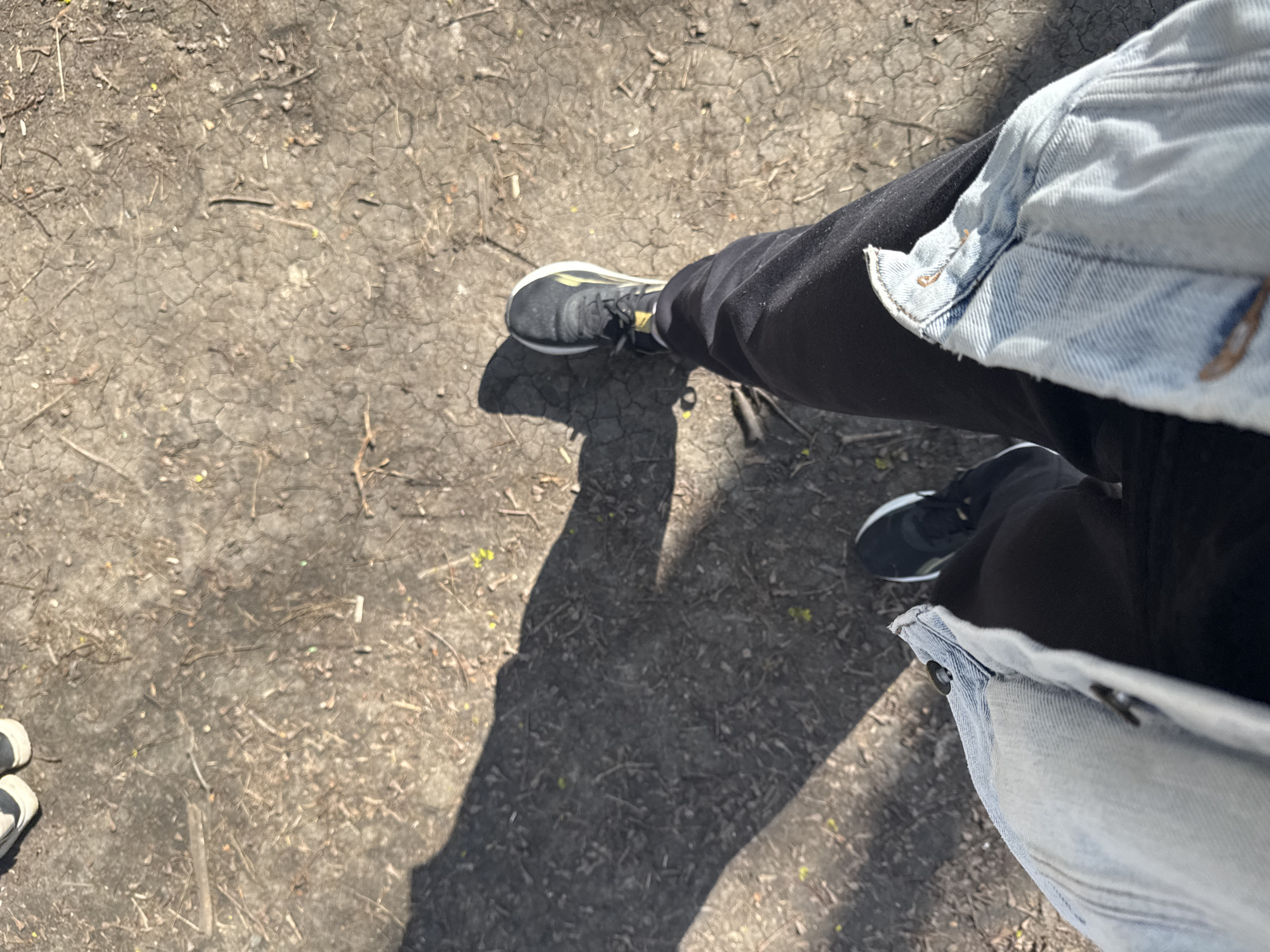 An overhead, first-person perspective image captures the lower body of a person standing or walking outdoors in Rostov-on-Don, Russia. The subject is wearing black athletic shoes with white soles and a yellow/gold accent detail on the top of the left shoe. They are dressed in black pants or joggers, and a light-wash denim jacket, with parts of the jacket's sleeves and hem visible on both sides of the frame.
The setting appears to be an unpaved outdoor area, possibly a path or dry ground. The surface is characterized by dry, cracked earth, indicating a lack of recent moisture. Scattered across the ground are small twigs, dried leaves, and sparse yellow-green debris. Strong, distinct shadows of the person's legs and possibly their upper body are cast upon the ground, suggesting bright sunlight, likely during the mid-morning or afternoon hours.
The primary activity depicted is the person standing or casually moving, as observed from their own viewpoint looking down. No specific event is evident, and no discernible emotions are conveyed. There is no visible text within the image.