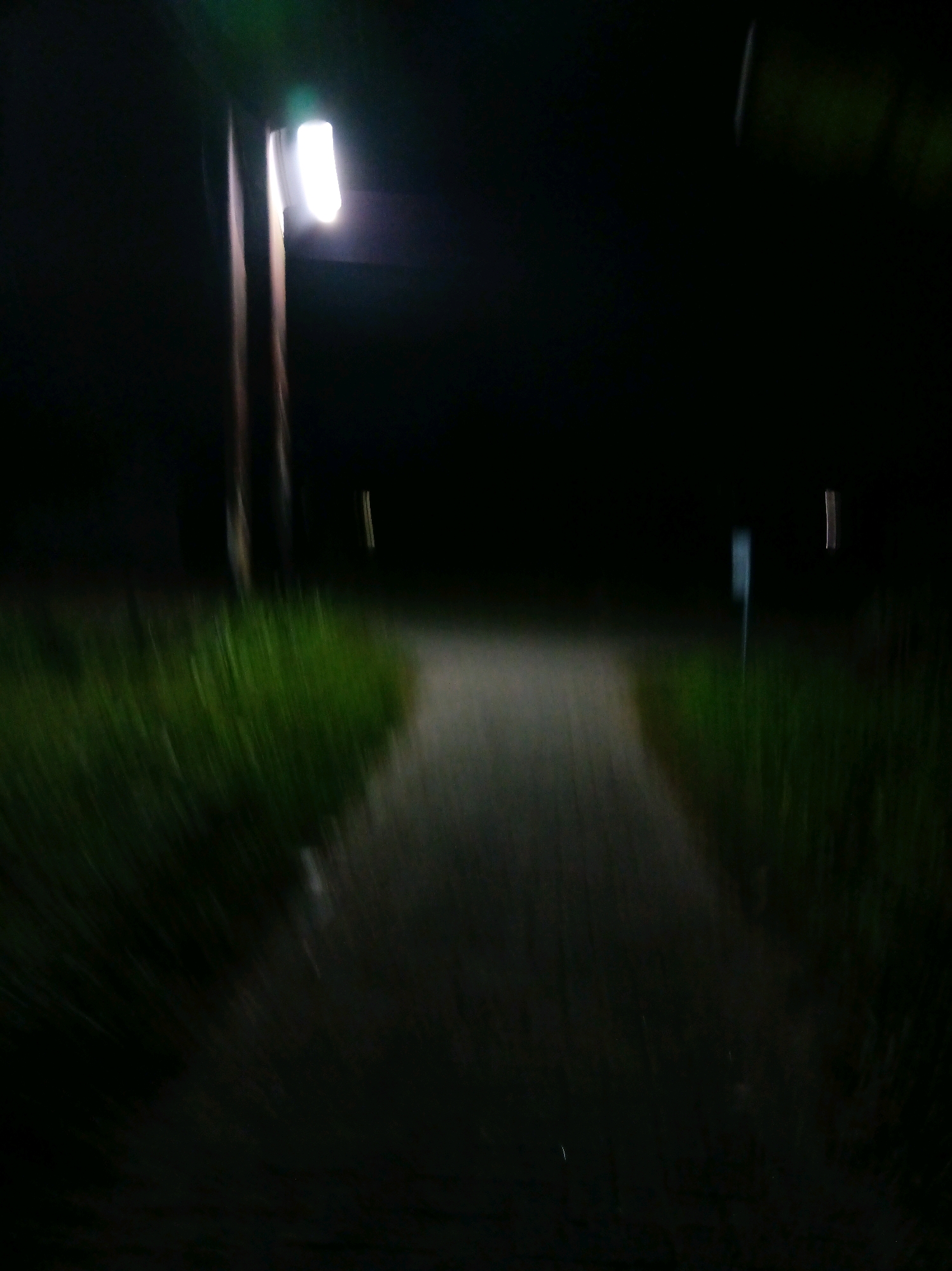 The image depicts a dimly lit pathway at night, likely in a park or recreational area. A lamppost with a bright light source stands to the left, casting light on the path and surrounding grass. The scene is characterized by motion blur, suggesting the image was taken while moving. The pathway appears to be made of concrete or gravel, and there is dense green grass on either side. In the background, there are faint lights and shadows, contributing to the dark and somewhat eerie atmosphere of the nighttime setting. There are no visible people or specific landmarks that would indicate the location in Sei Mencirim, Indonesia.