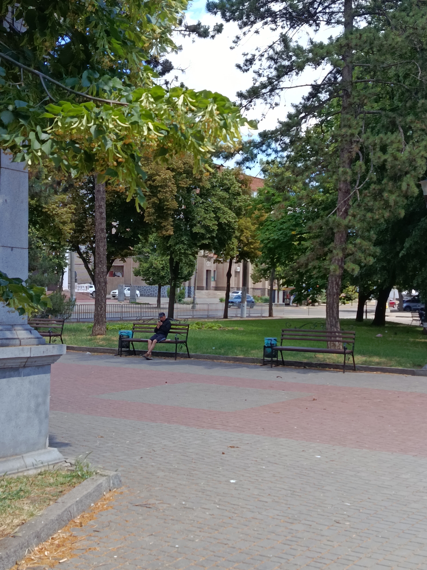 The image depicts a park area in Kryvyi Rih, Ukraine, featuring mature trees, benches, and a paved walkway. In the mid-ground, a person is seated on a dark brown park bench, facing away from the camera and towards a grassy area. The individual is wearing dark shorts and a dark hooded sweatshirt, and is holding a dark object, possibly a mobile phone, in their hands. Adjacent to the bench is a light blue trash bin. A second, empty bench is visible to the left of the seated person. The walkway in the foreground is paved with interlocking bricks in a pattern of red and grey. Behind the benches, a low metal fence separates the park from a street or sidewalk, beyond which buildings and parked vehicles are visible. The surrounding vegetation includes leafy deciduous trees and coniferous trees, with a clear sky overhead. The lighting suggests it is daytime.