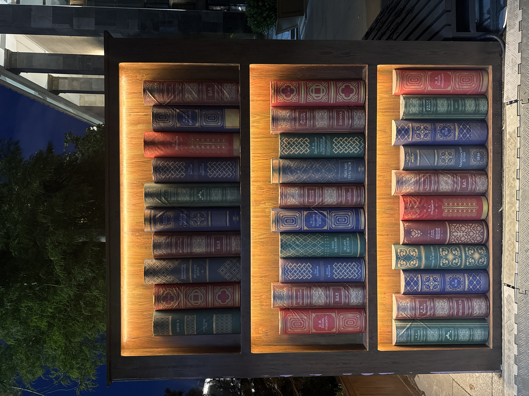 This is an image of a display case filled with vintage-looking books. The books are arranged on shelves within a wooden frame, with interior lighting illuminating the spines. The spines of the books display titles in Cyrillic script, suggesting they are Russian literature. Some of the visible authors include N. V. Gogol, F. M. Dostoevsky, and Leo Tolstoy. The display appears to be outdoors, with a dark blue sky and lush green trees visible in the background, indicating it might be evening or nighttime. The setting appears to be a public space, possibly a street or a plaza in Moscow, Russia, given the context. The overall mood is one of quiet contemplation and appreciation for classic literature.
