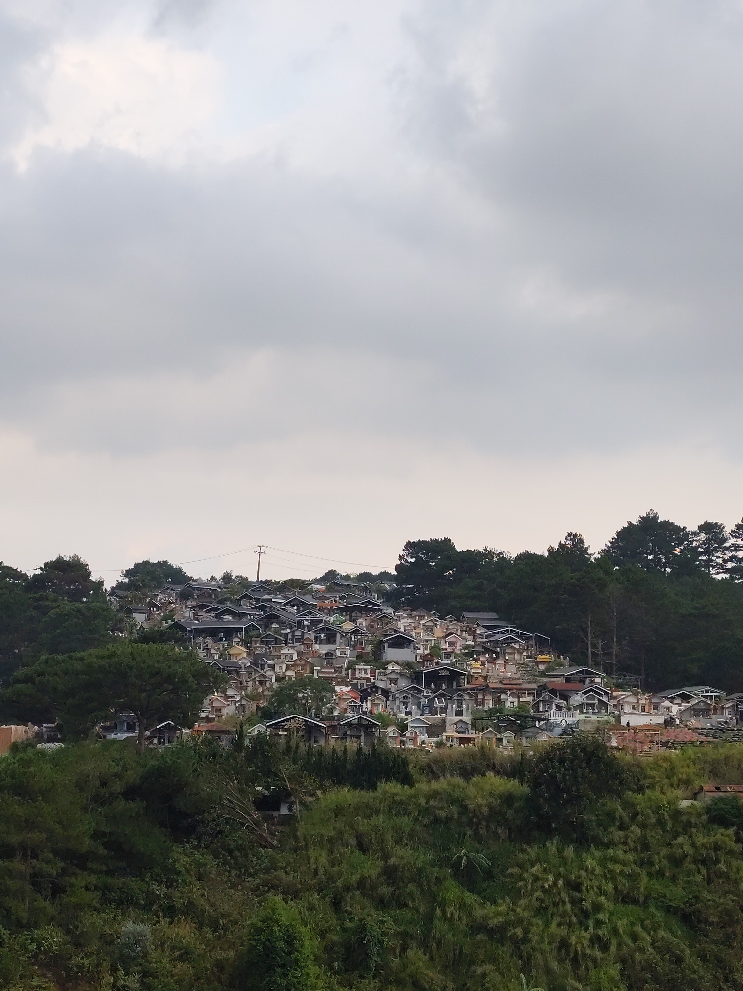 The image shows a hillside cemetery in Cam Ly, Đà Lạt, Vietnam. Numerous small tombs and mausoleums dot the landscape, interspersed with trees and vegetation. The sky is overcast with gray clouds. A few utility poles are visible. The foreground is filled with lush greenery.